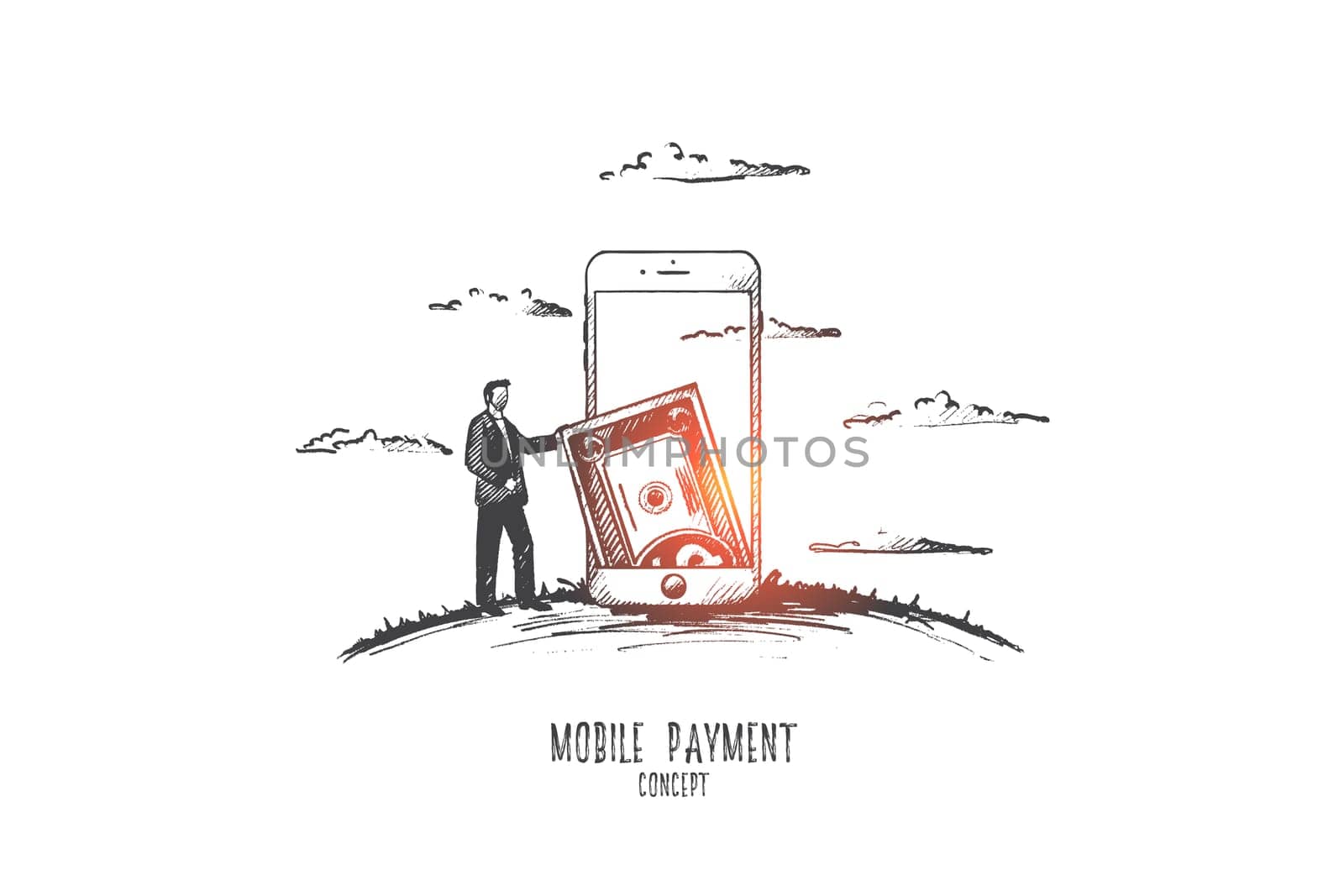 Mobile payment concept. Hand drawn mobile phone with dollar. Man buying with smartphone isolated vector illustration.