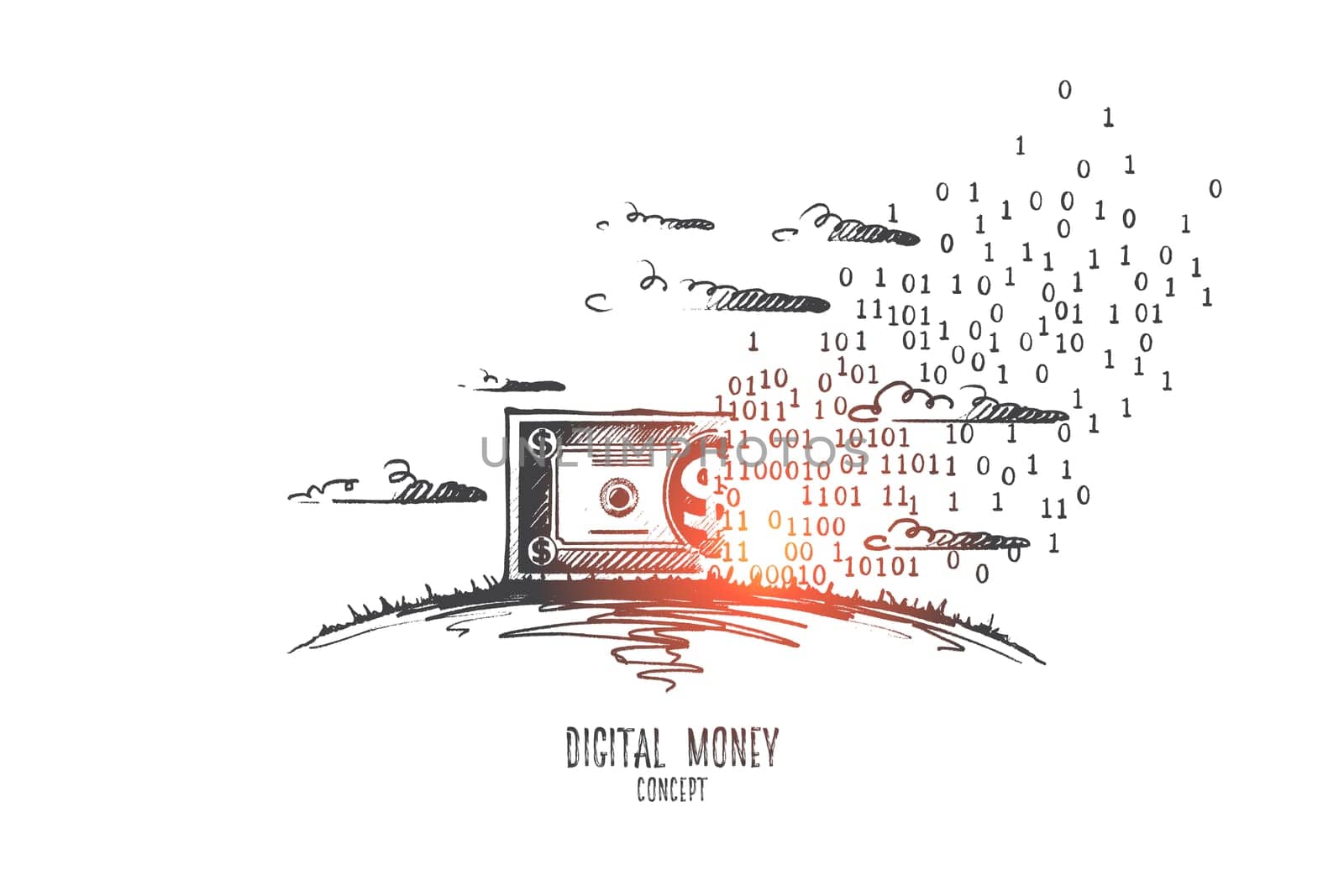 Digital money concept. Hand drawn symbol of virtual money. Banknote dollar became digital money isolated vector illustration.