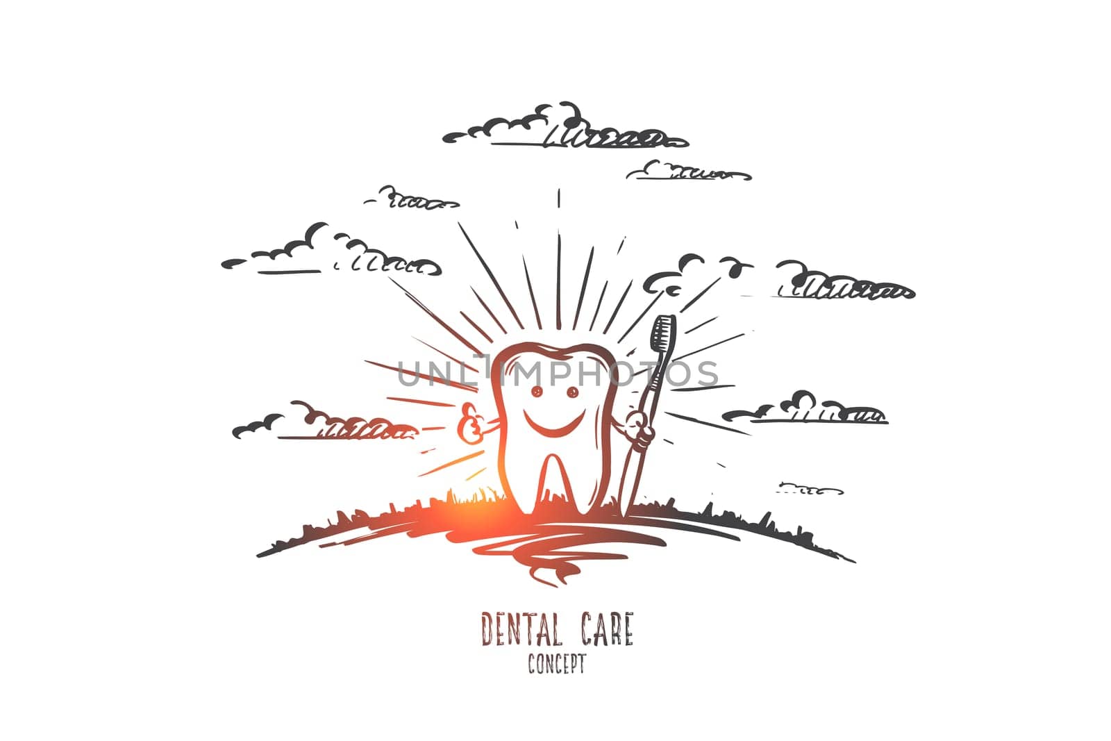 Dental care concept. Hand drawn human teeth with happy smile. Tooth brush isolated vector illustration.