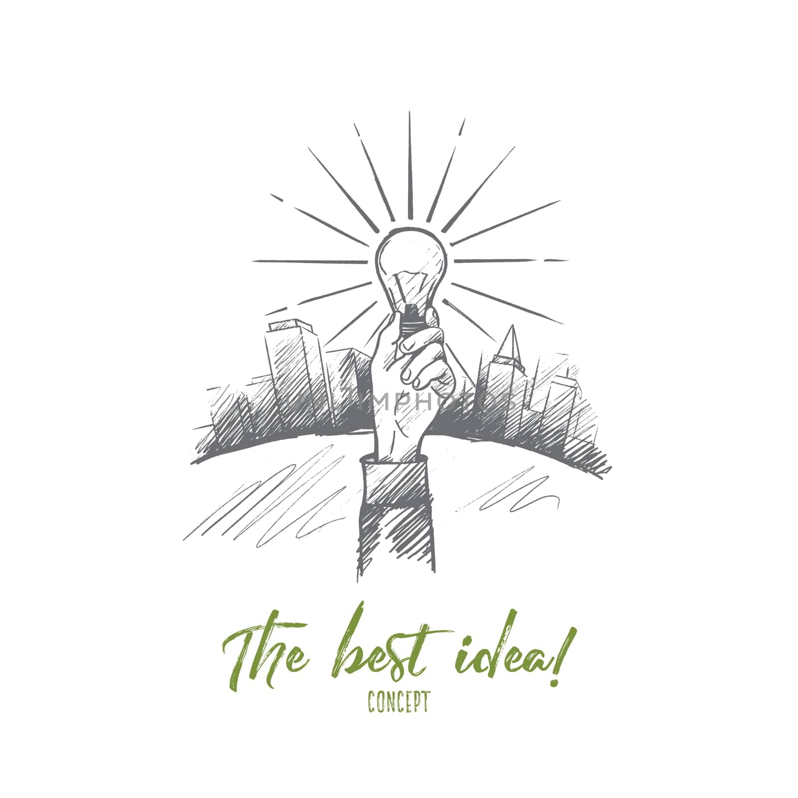 The best idea concept. Hand drawn hand with luminous light bulb. Bulb as a symbol of new idea isolated vector illustration.