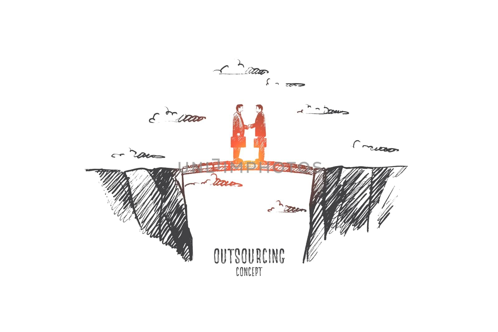 Outsourcing concept. Hand drawn people working at outsource. Persons shaking hands isolated vector illustration.