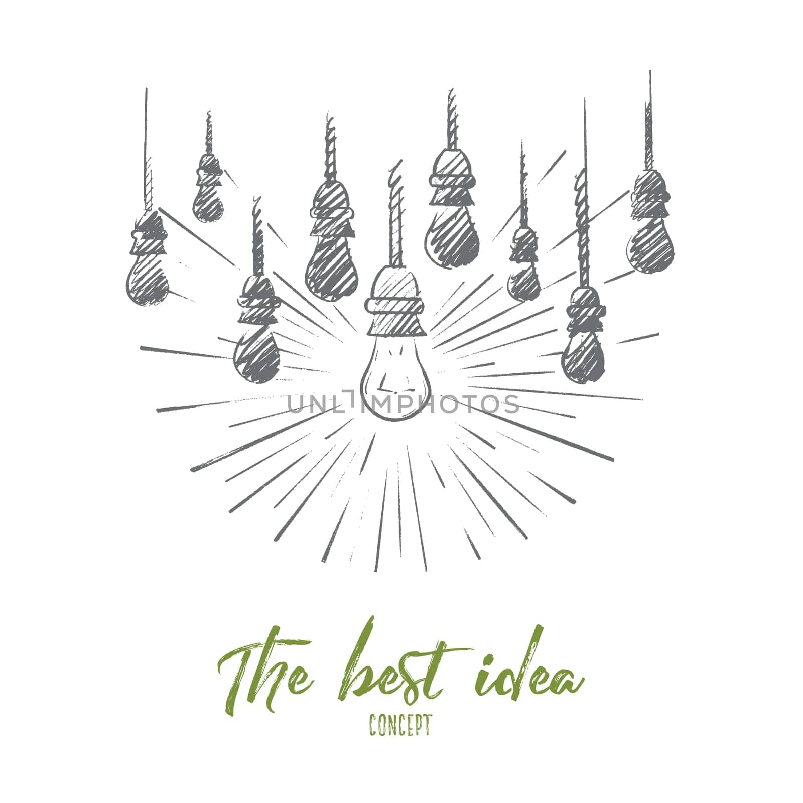 The best idea concept. Hand drawn lamps, one of them is shining. Luminous lamp the symbol of idea or solution isolated vector illustration.