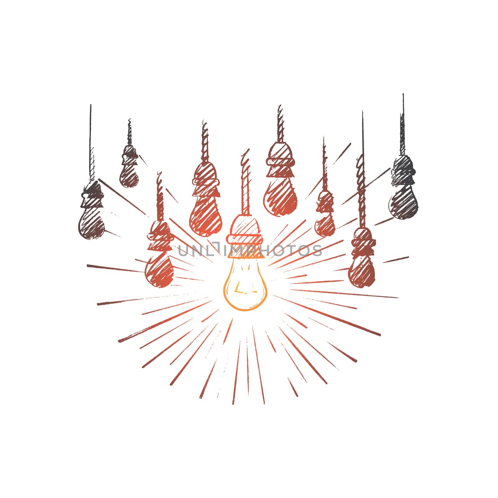 The best idea concept. Hand drawn lamps, one of them is shining. Luminous lamp the symbol of idea or solution isolated vector illustration.