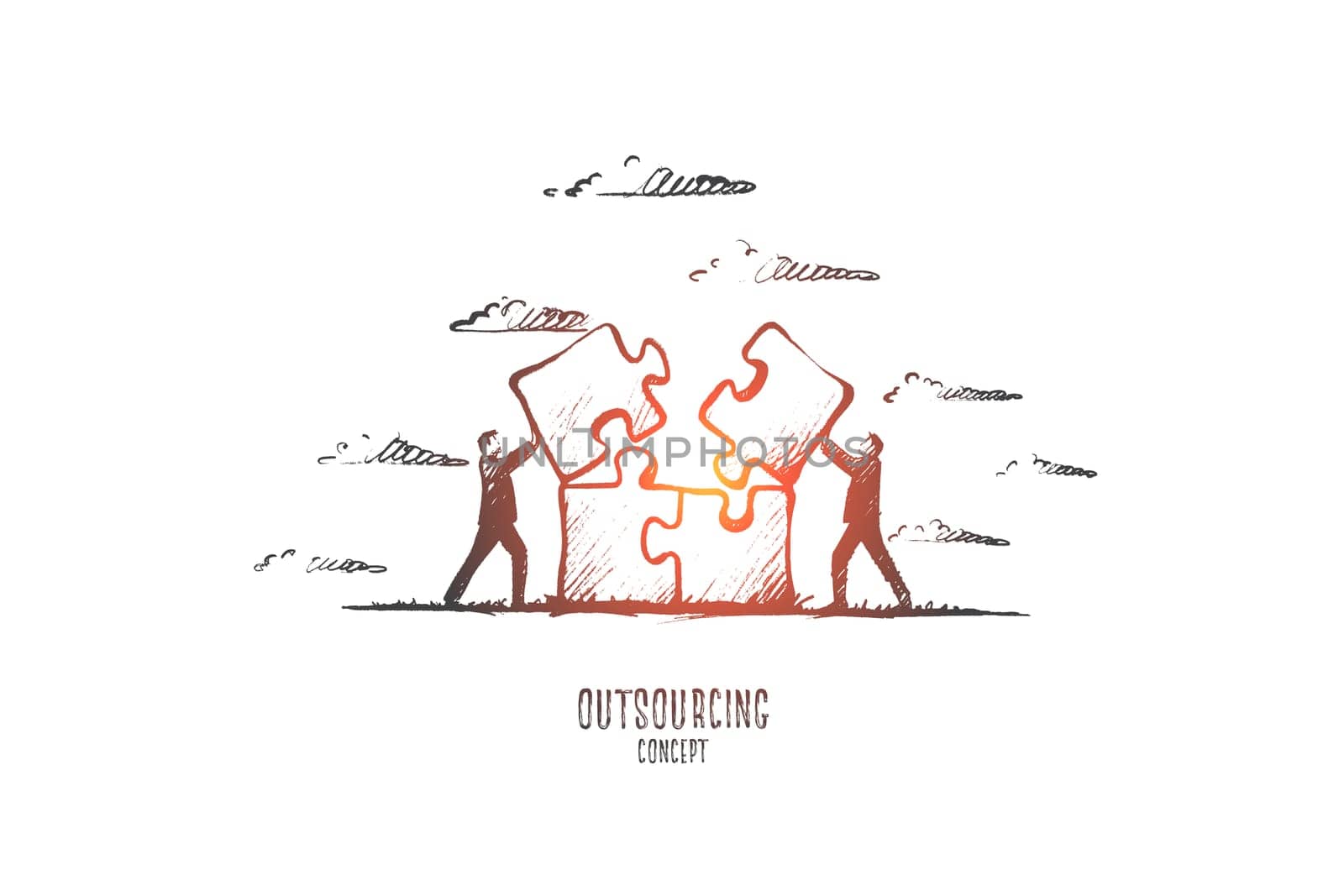 Outsourcing concept. Hand drawn people working at outsource. Persons working together collecting puzzle isolated vector illustration.