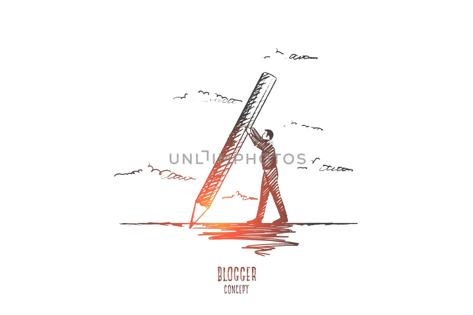 Blogger concept. Hand drawn man holding pencil. Male blogger writing isolated vector illustration.