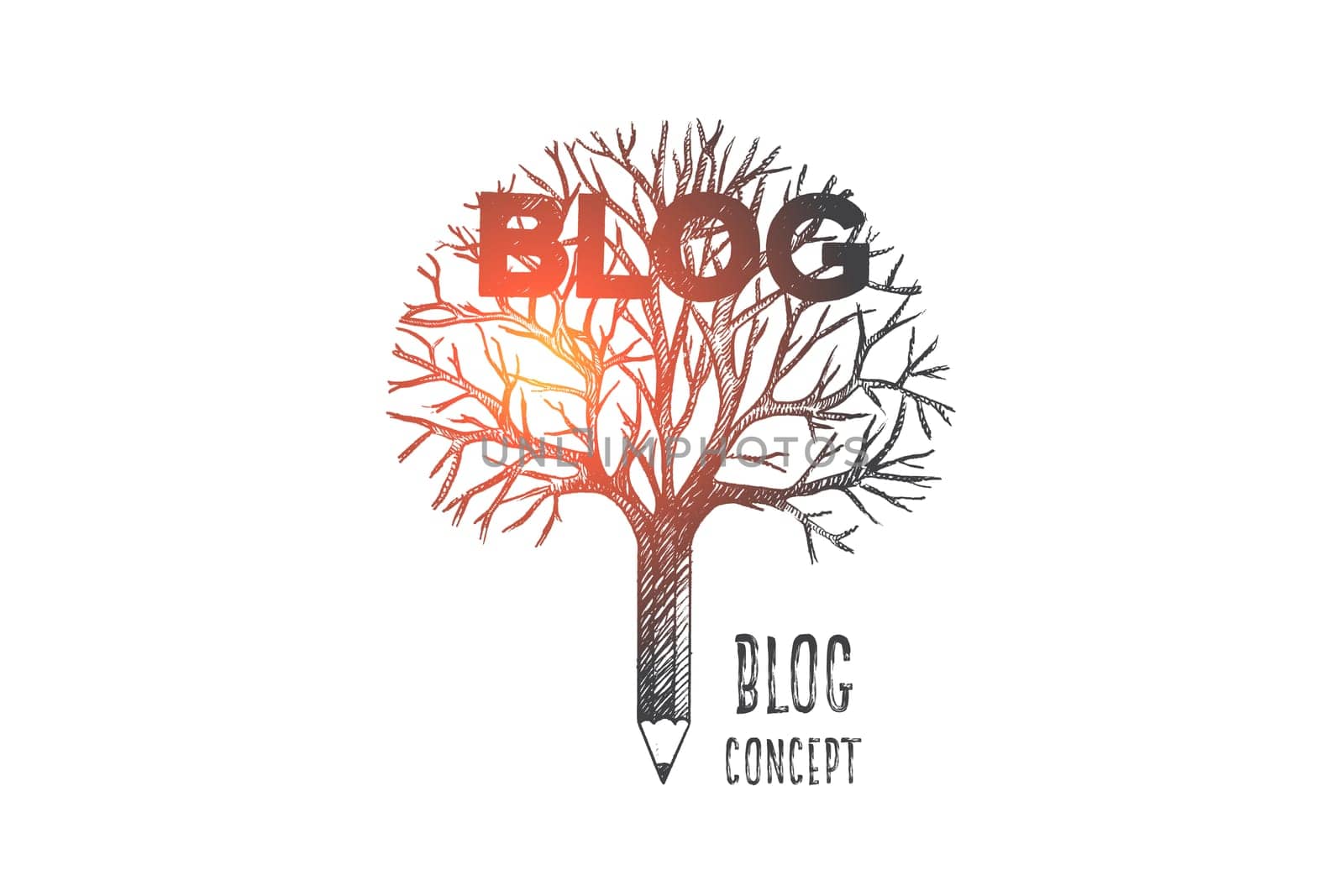 Blog concept. Hand drawn pencil like a tree. Pencil as a symbol of blog writing isolated vector illustration.