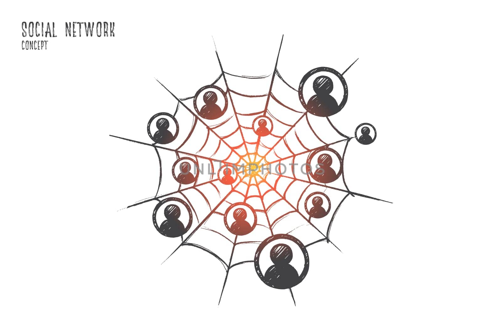 Social network concept. Hand drawn people icons in social network. Friends connected through internet isolated vector illustration.