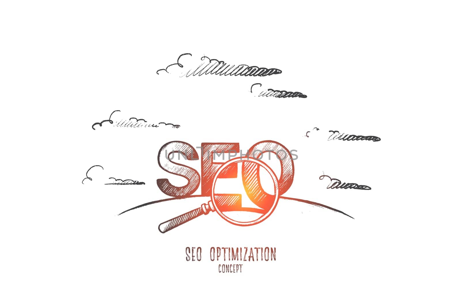 Seo optimization concept. Hand drawn search engine optimization letters. Text seo isolated vector illustration.