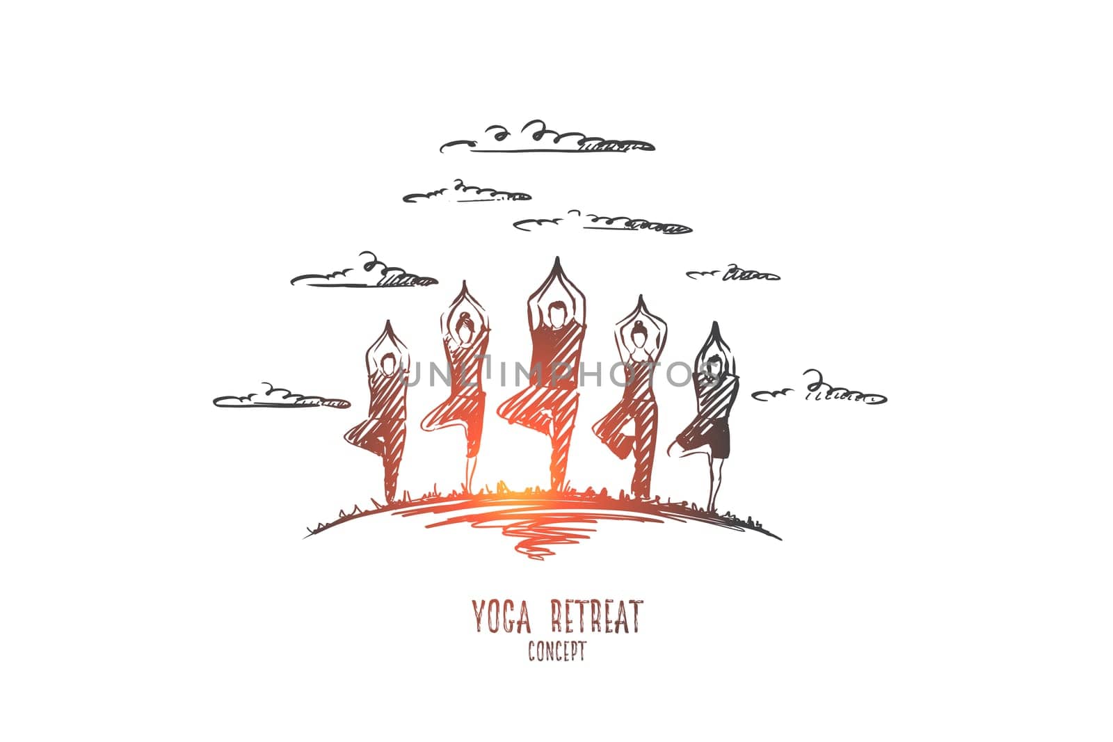 Yoga retreat concept. Hand drawn people doing yoga exercises outdoor. People practicing yoga isolated vector illustration.