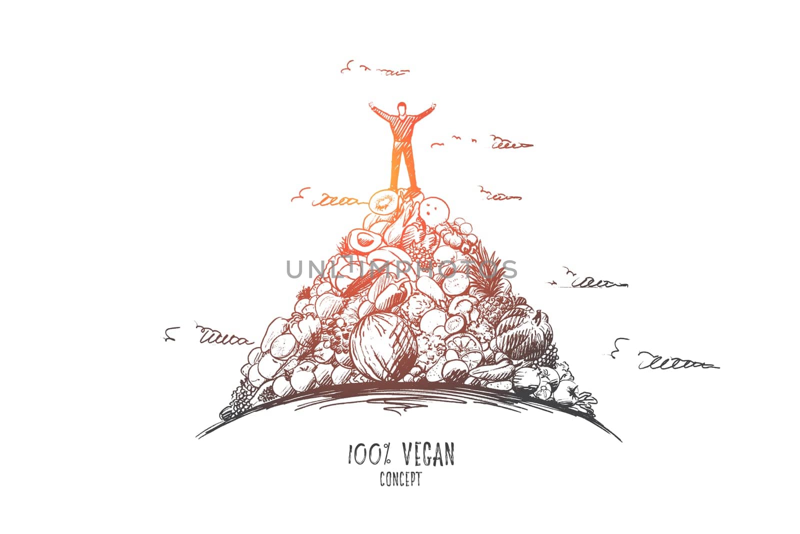 Vegan concept. Hand drawn person standing on heap of vegetables. Vegetarian man isolated vector illustration.