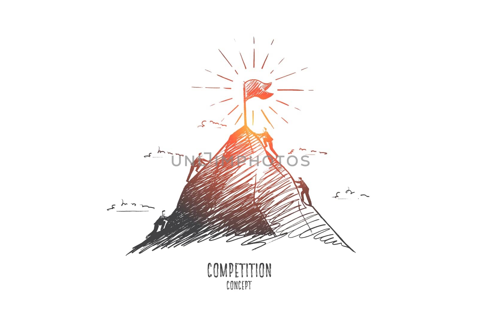Competition concept. Hand drawn businessmen climbing on mountain. Competition between businessmen isolated vector illustration.