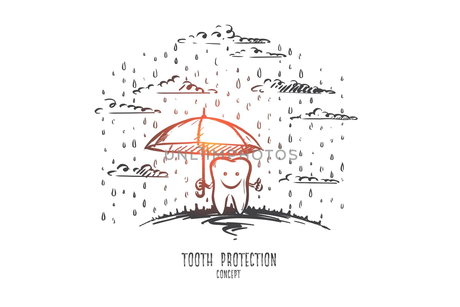 Tooth protection concept. Hand drawn happy tooth under umbrella. Teeth crying isolated vector illustration.