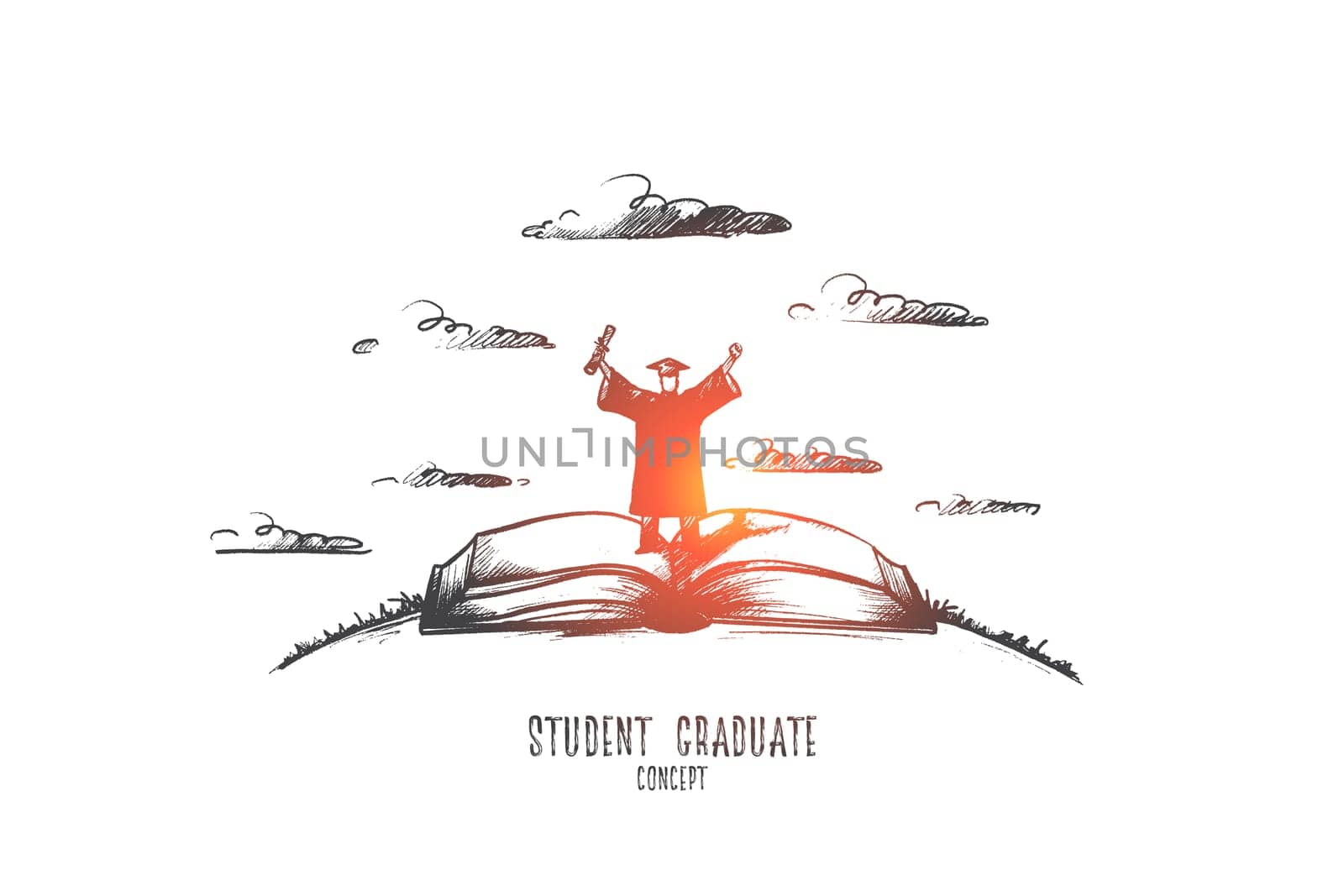 Student graduate concept. Hand drawn succesful student graduated. Person standing on book isolated vector illustration.