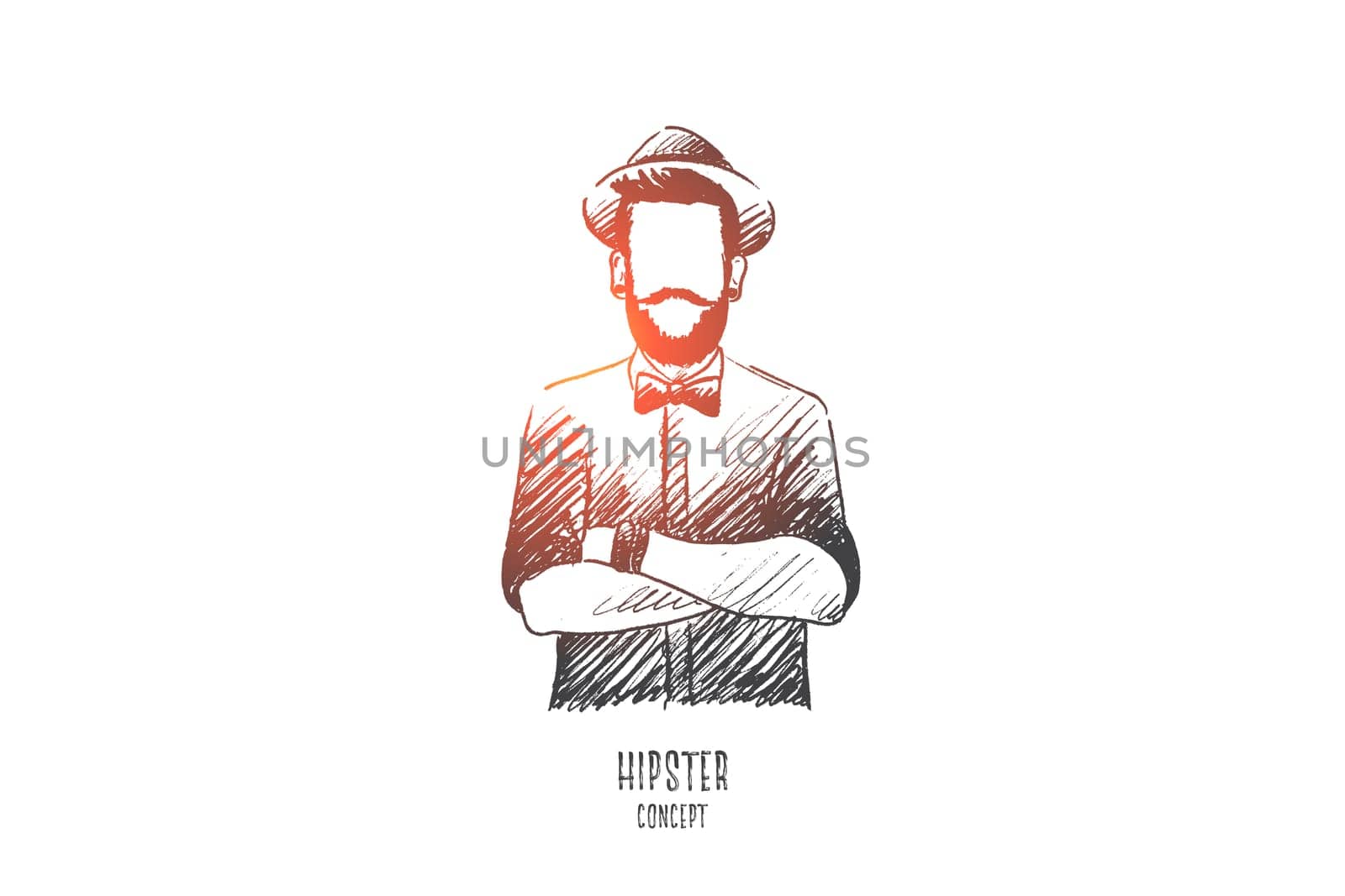 Hipster concept. Hand drawn man in hipster style. Male person with beard and hat isolated vector illustration.