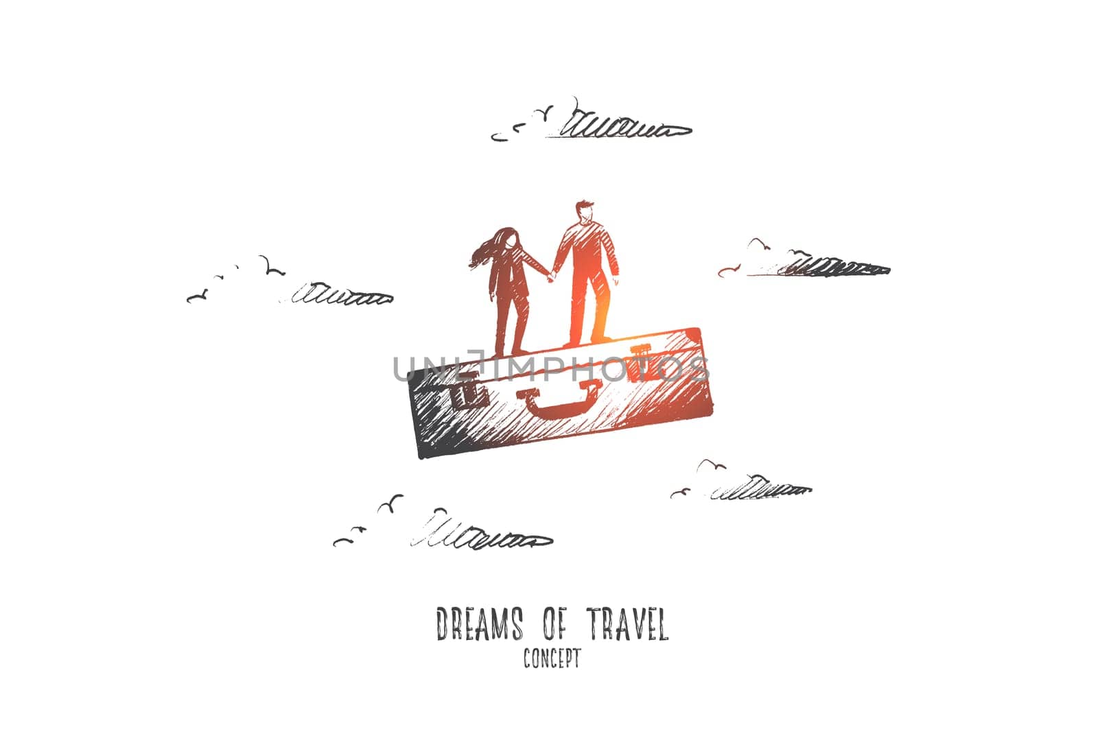 Dreams of travel concept. Hand drawn man and woman on suitcase dreaming about travel. Happy couple waiting for vacation isolated vector illustration.