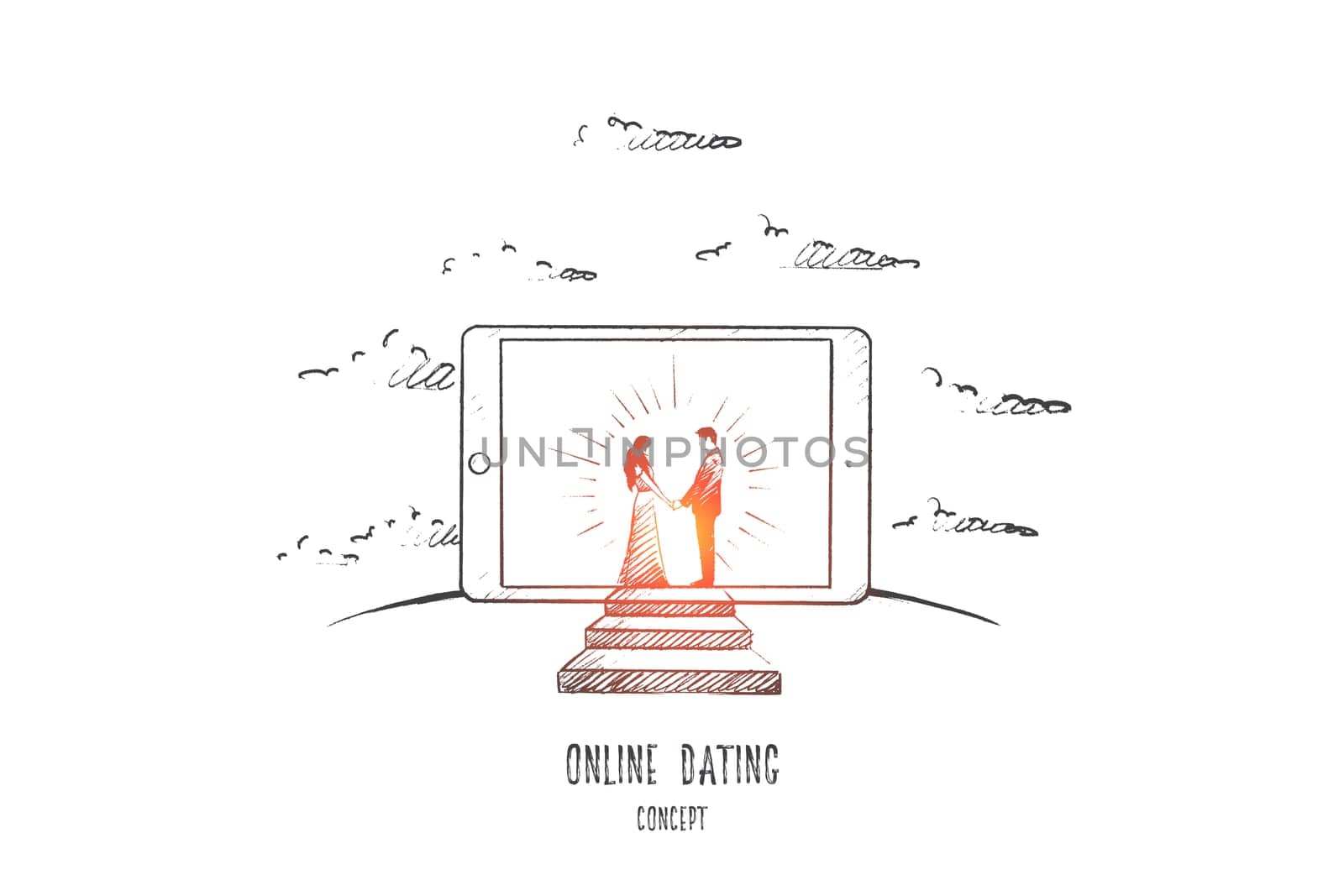 Online dating concept. Hand drawn man and woman in love. Dating in internet isolated vector illustration.
