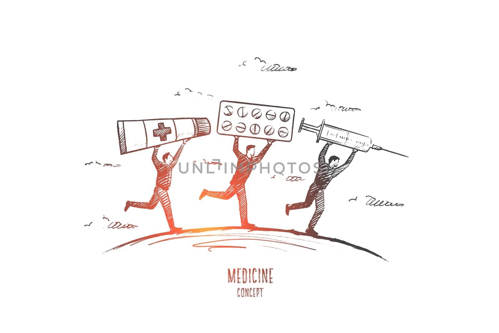 Medicine concept. Hand drawn people with pills and syringe. Persons running with medicine objects isolated vector illustration.