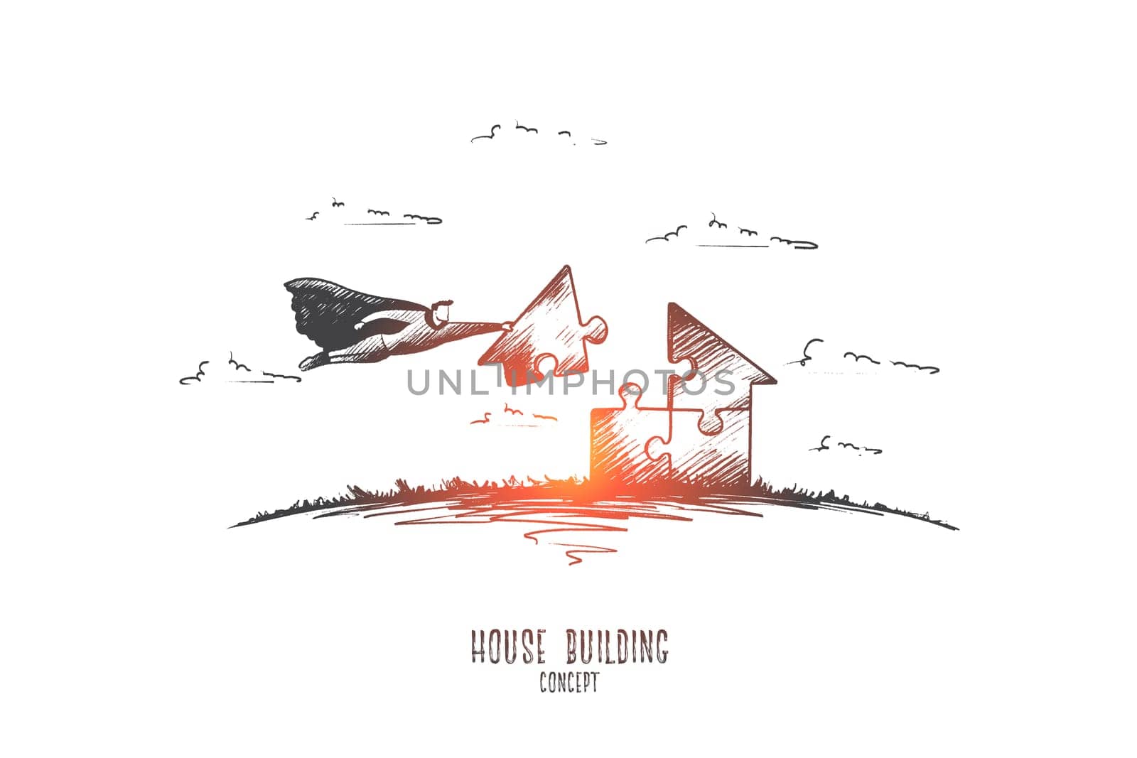 House building concept. Hand drawn superhero building a house. Real estate construction isolated vector illustration.