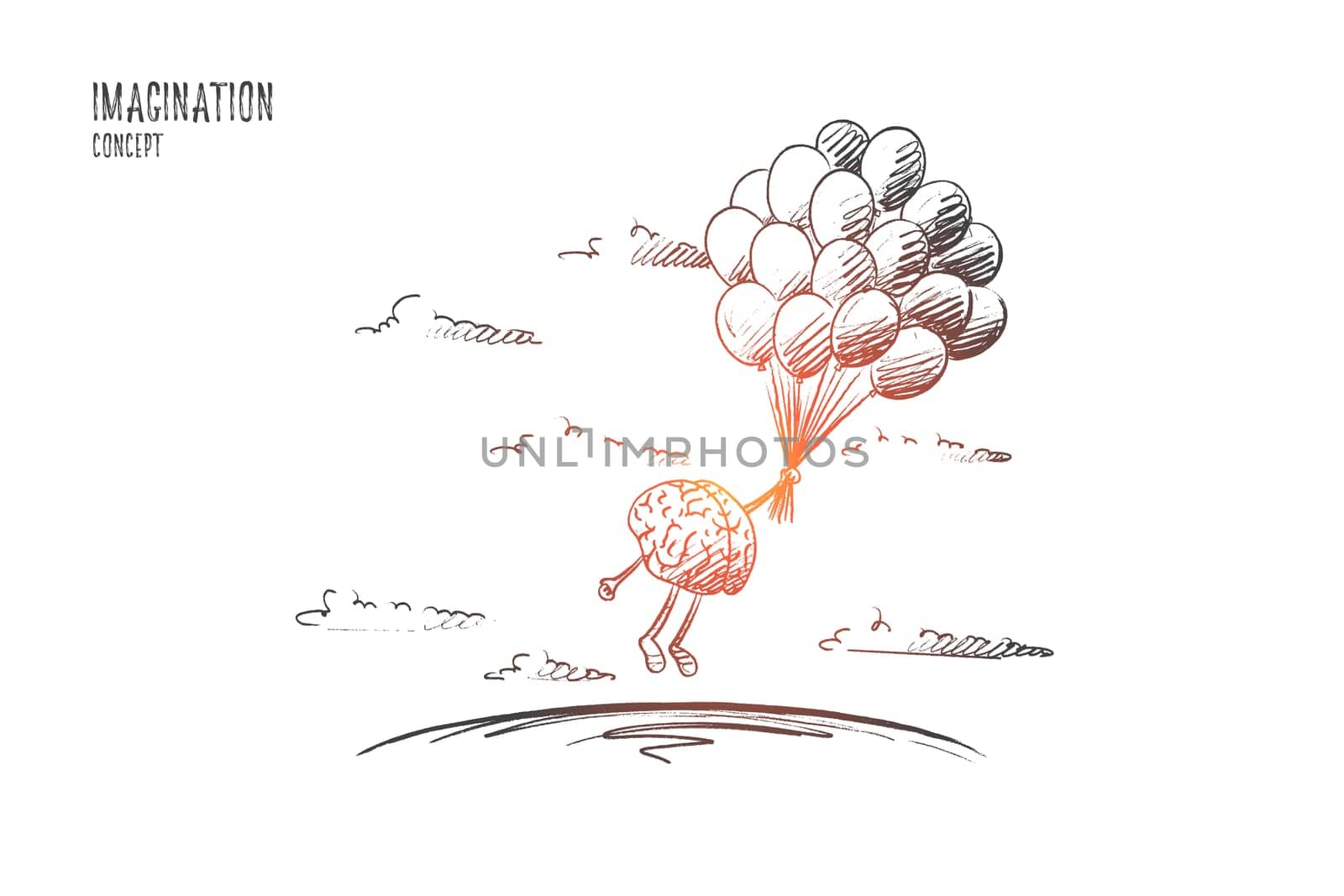Imagination concept. Hand drawn brains flying with balloons. Flying brains as symbol of imagination isolated vector illustration.