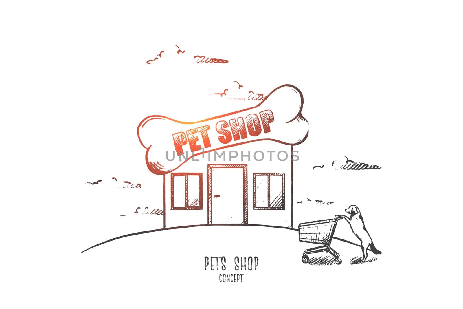 Pets shop concept. Hand drawn shop for animals. Dog with supermarket trolley isolated vector illustration.