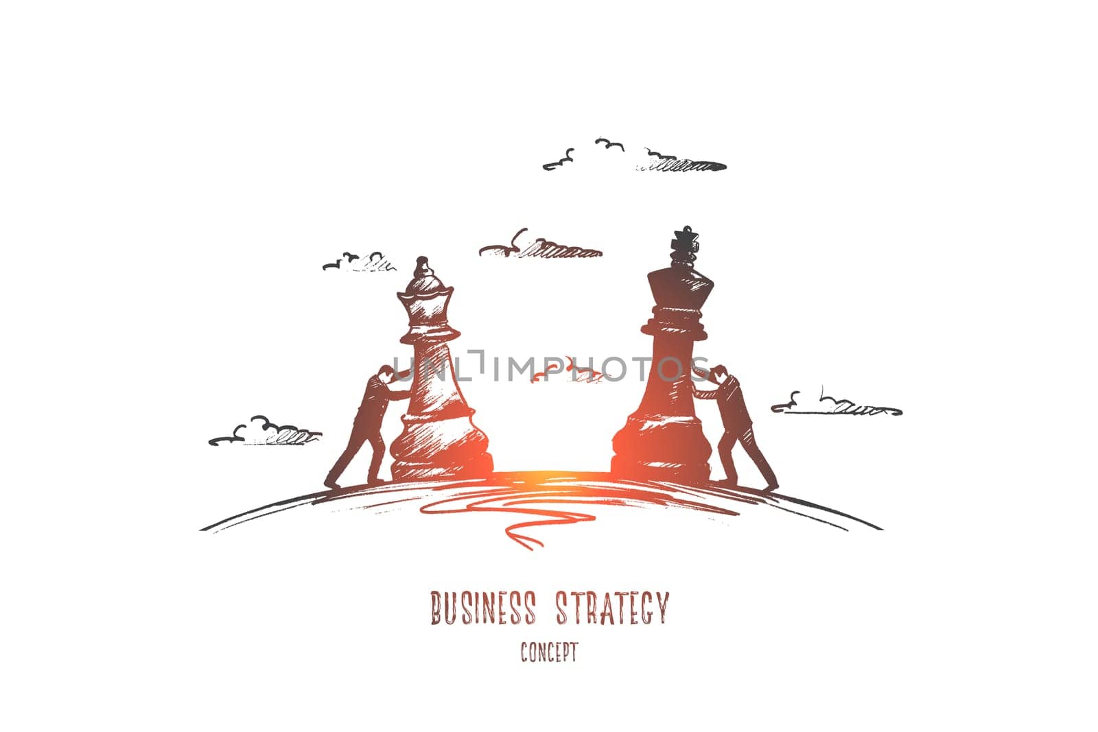 Business strategy concept. Hand drawn chess game as symbol of business. Businessmen moving chess figures isolated vector illustration.