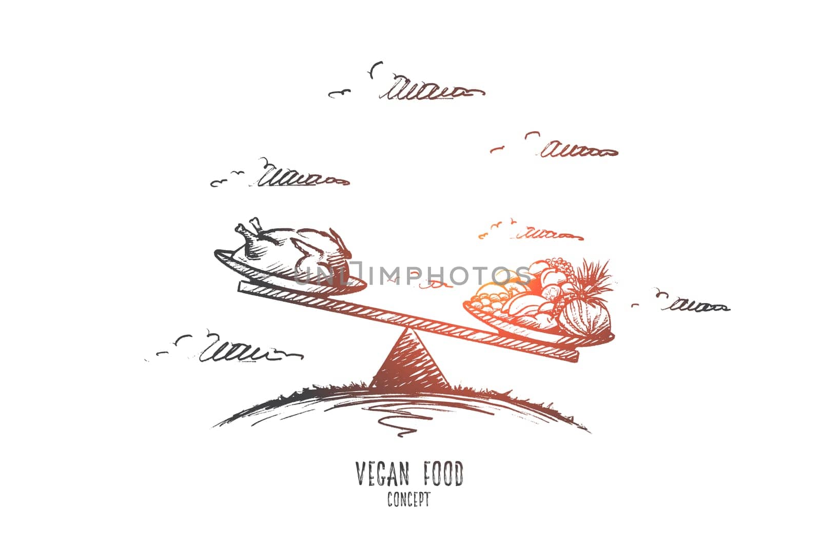 Vegan food concept. Hand drawn chicken vs vegetables. Vegetarian nutrition isolated vector illustration.