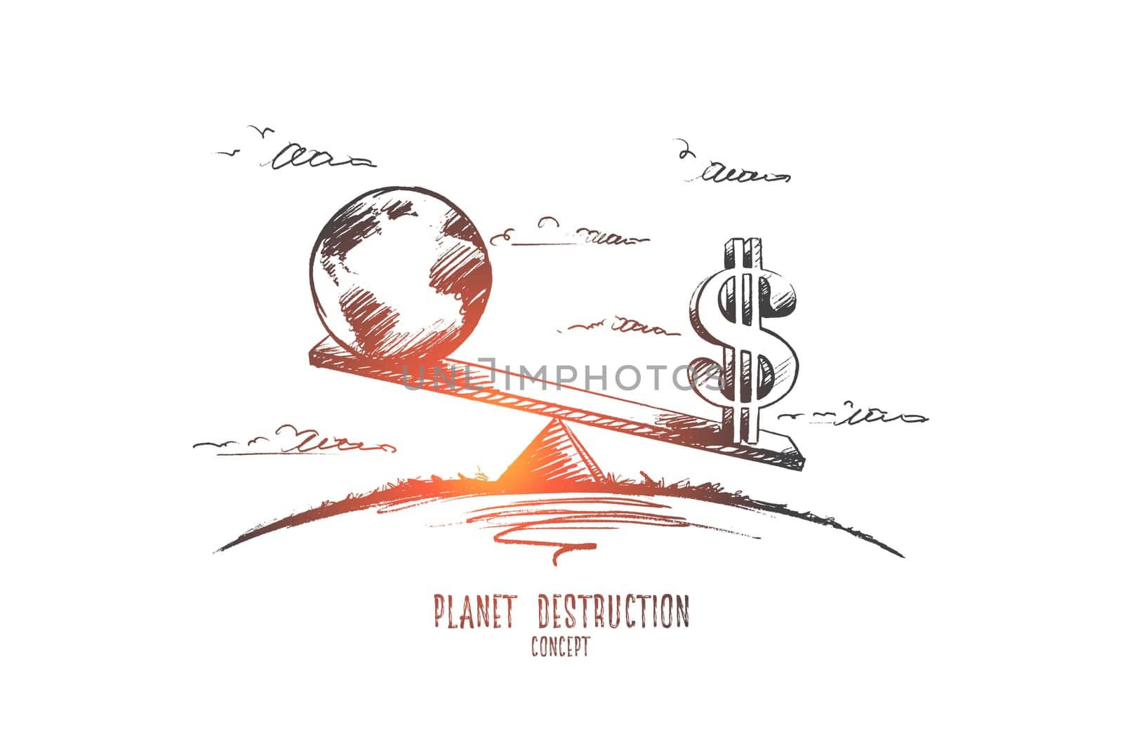 Planet destruction concept. Hand drawn Earth and symbol of dollar. Unsafe globe isolated vector illustration.