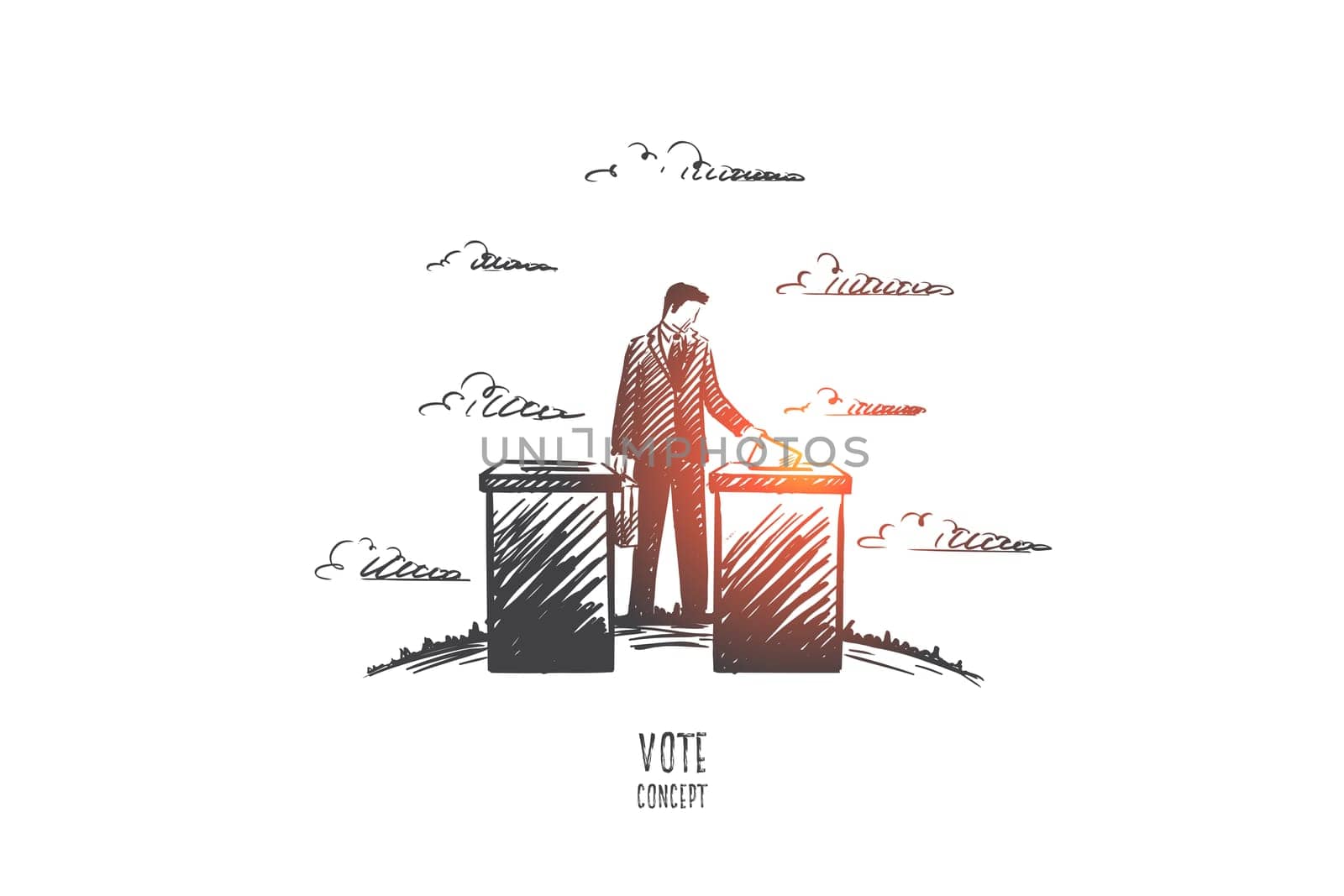 Vote concept. Hand drawn person voting. Process of elections isolated vector illustration.