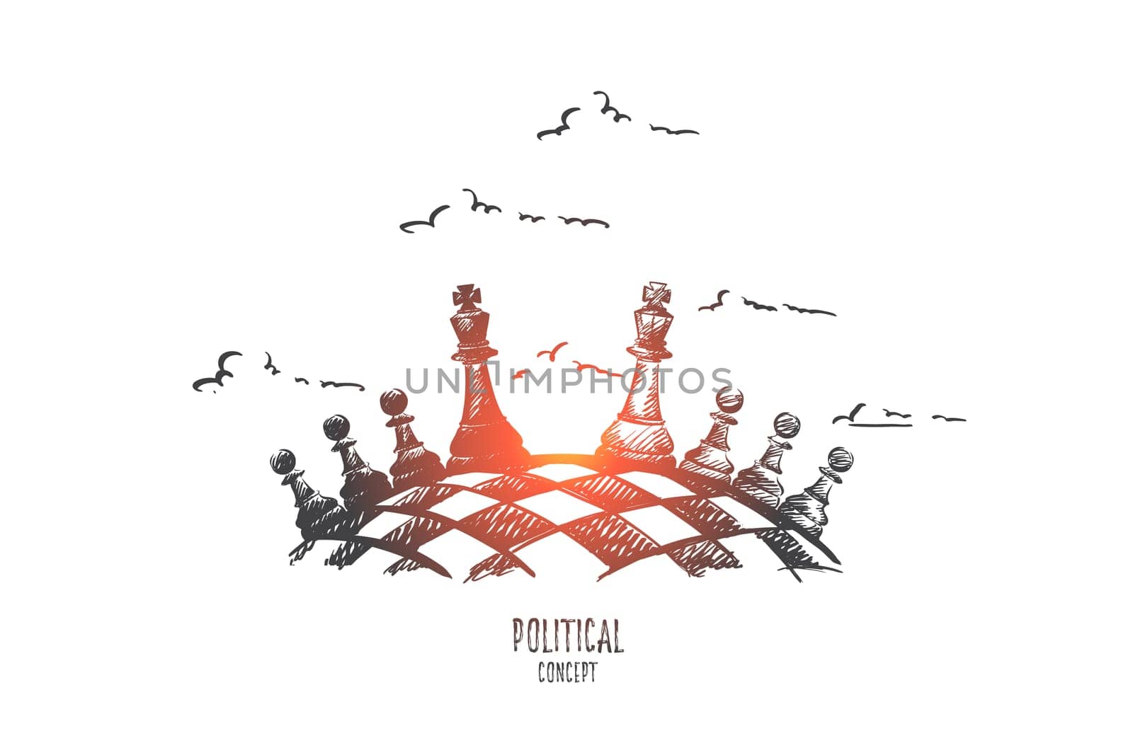 Political concept. Hand drawn chess board as symbol of political game. Black and white chess figures isolated vector illustration.