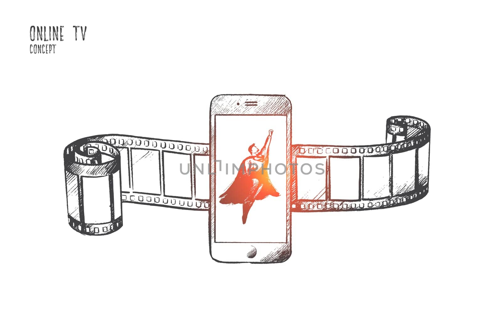 Online TV concept. Hand drawn superhero on screen of smartphone. Symbol of multimedia entertainment isolated vector illustration.