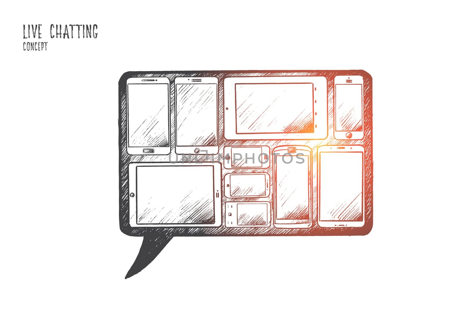 Live chatting concept. Hand drawn a lot of gadgets with screens. Internet communication isolated vector illustration.