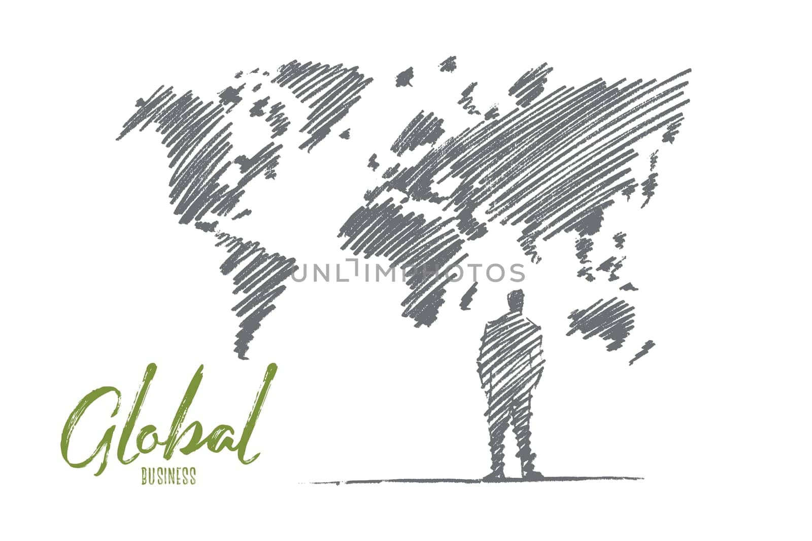 Vector hand drawn global business concept sketch. Business man standing backwards in front of big world map on wall. Lettering Global business