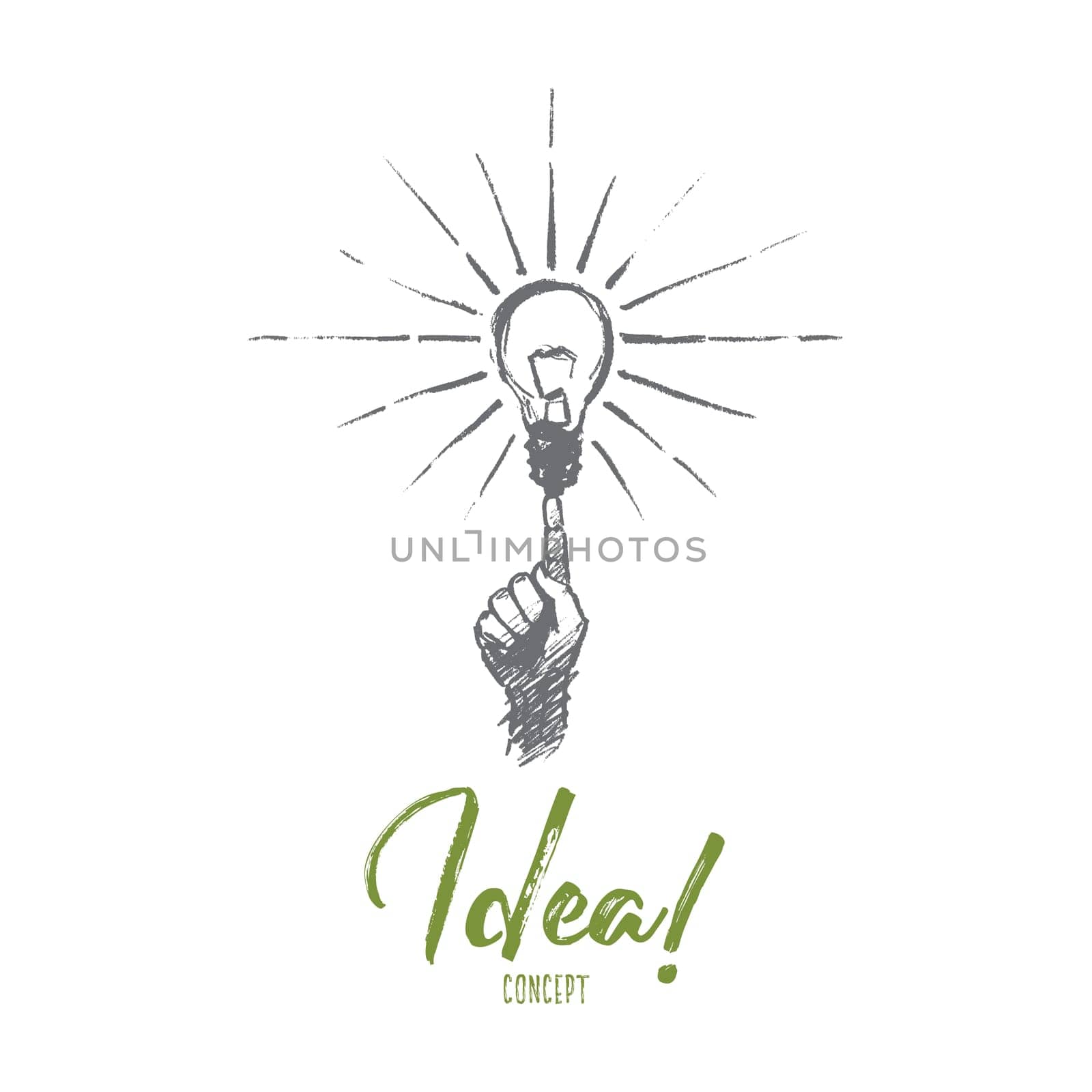 Vector hand drawn Idea concept sketch. Human finger pointing at bright light bulb meaning getting great idea. Lettering Idea concept