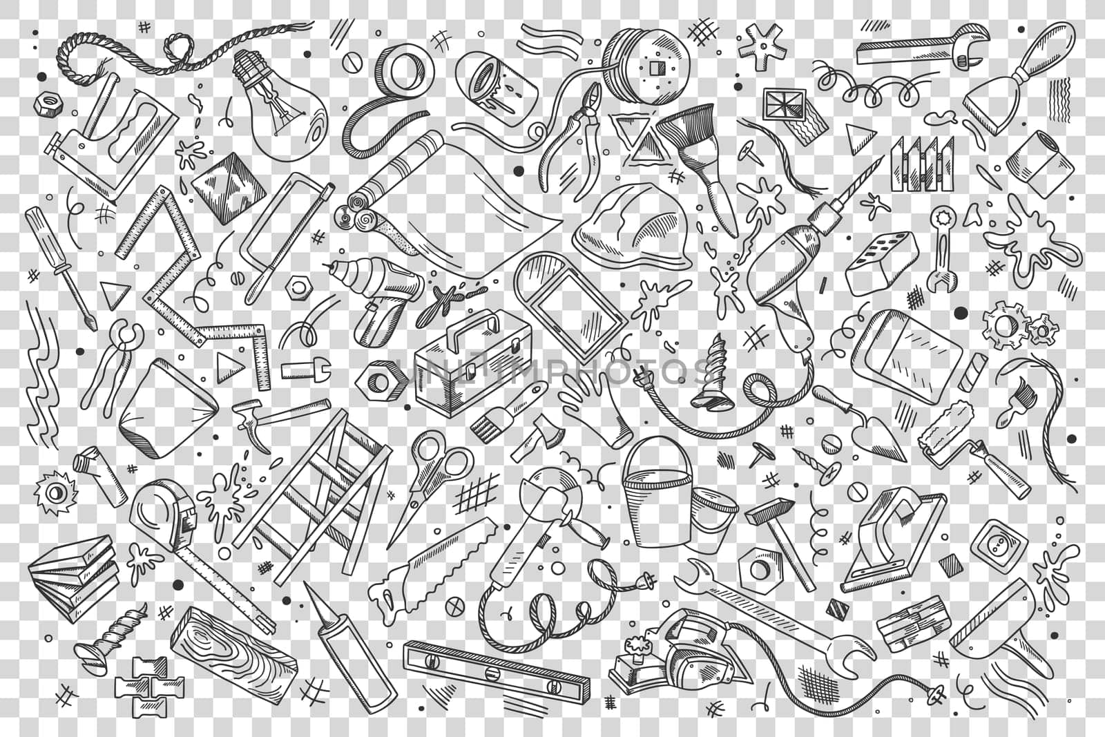 Repairs doodle set. Collection of hand drawn patterns sketches templates of working tools and instruments screwdriver drill spanner on transparent background. Maintenance equipment illustration.