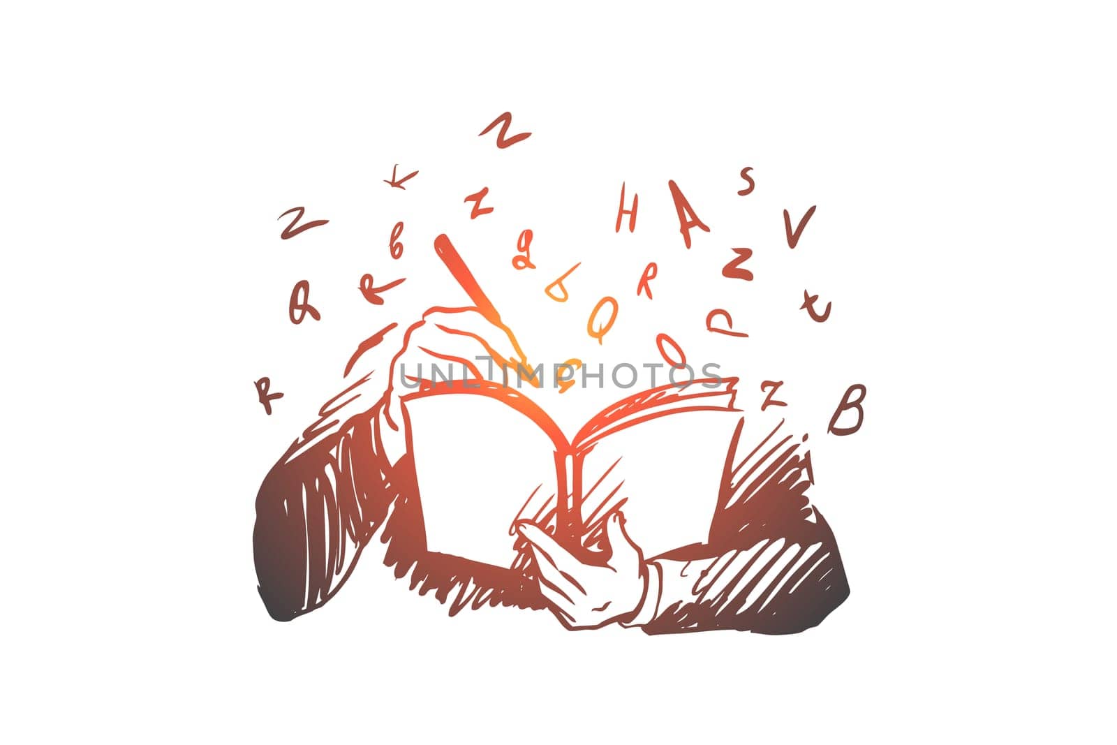 Book, knowledge, student, read, letters concept. Hand drawn person reading book concept sketch. Isolated vector illustration.