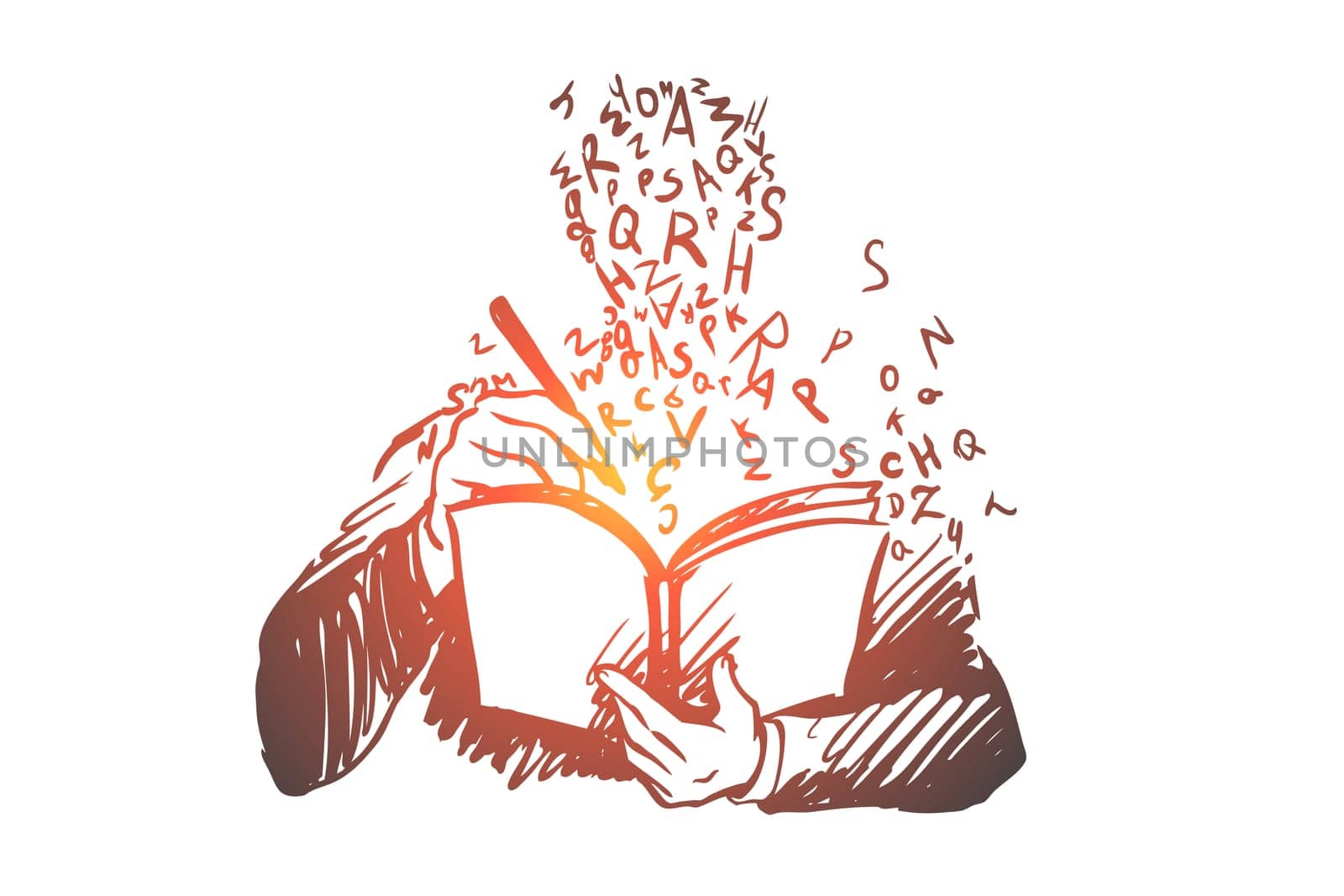 Education, study, book, student, knowledge concept. Hand drawn student learning with book concept sketch. Isolated vector illustration.