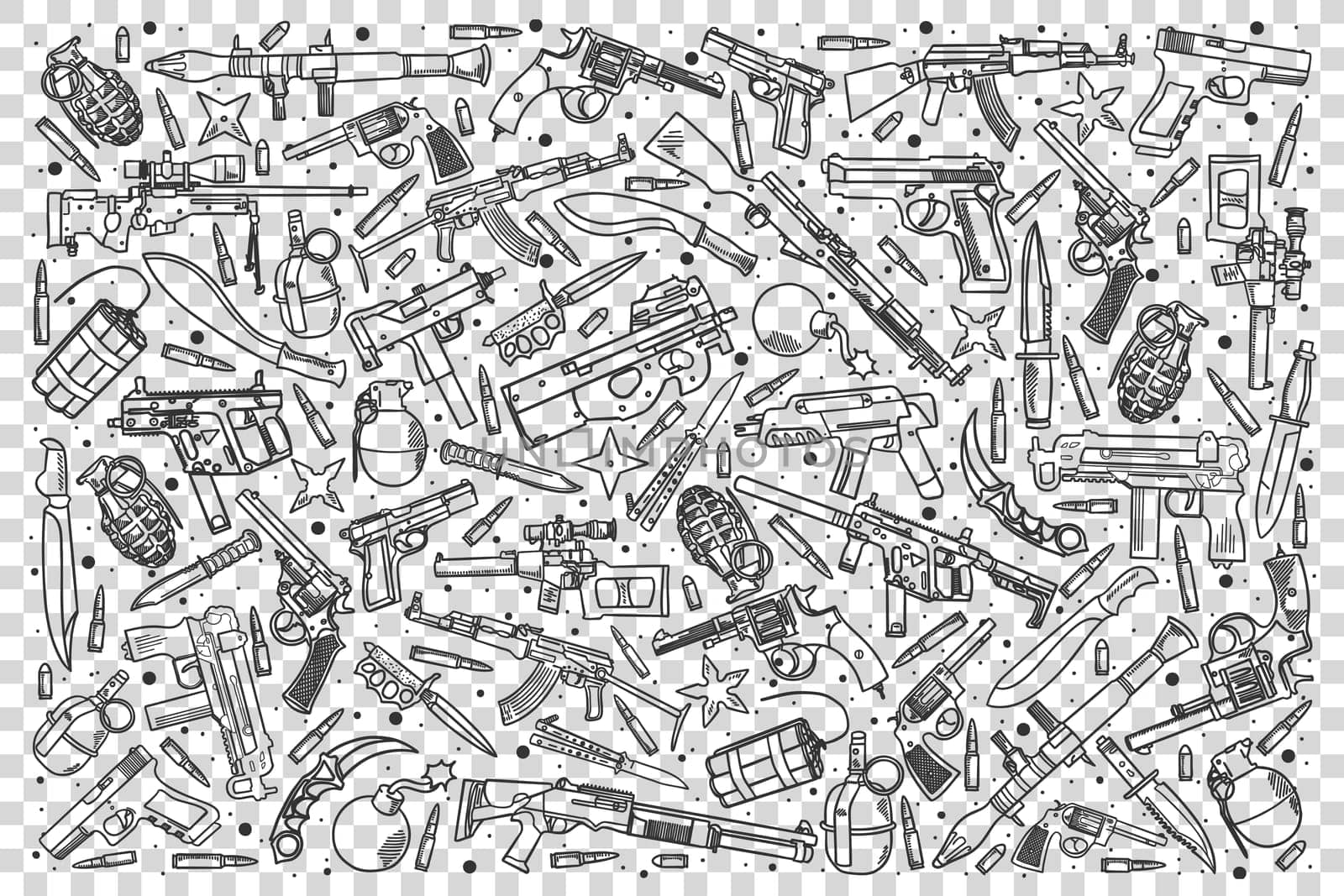 Weapons doodle set. Collection of hand drawn sketches templates patterns of guns rifles shotguns revolvers granades on transparent background. Military equipment illustration.