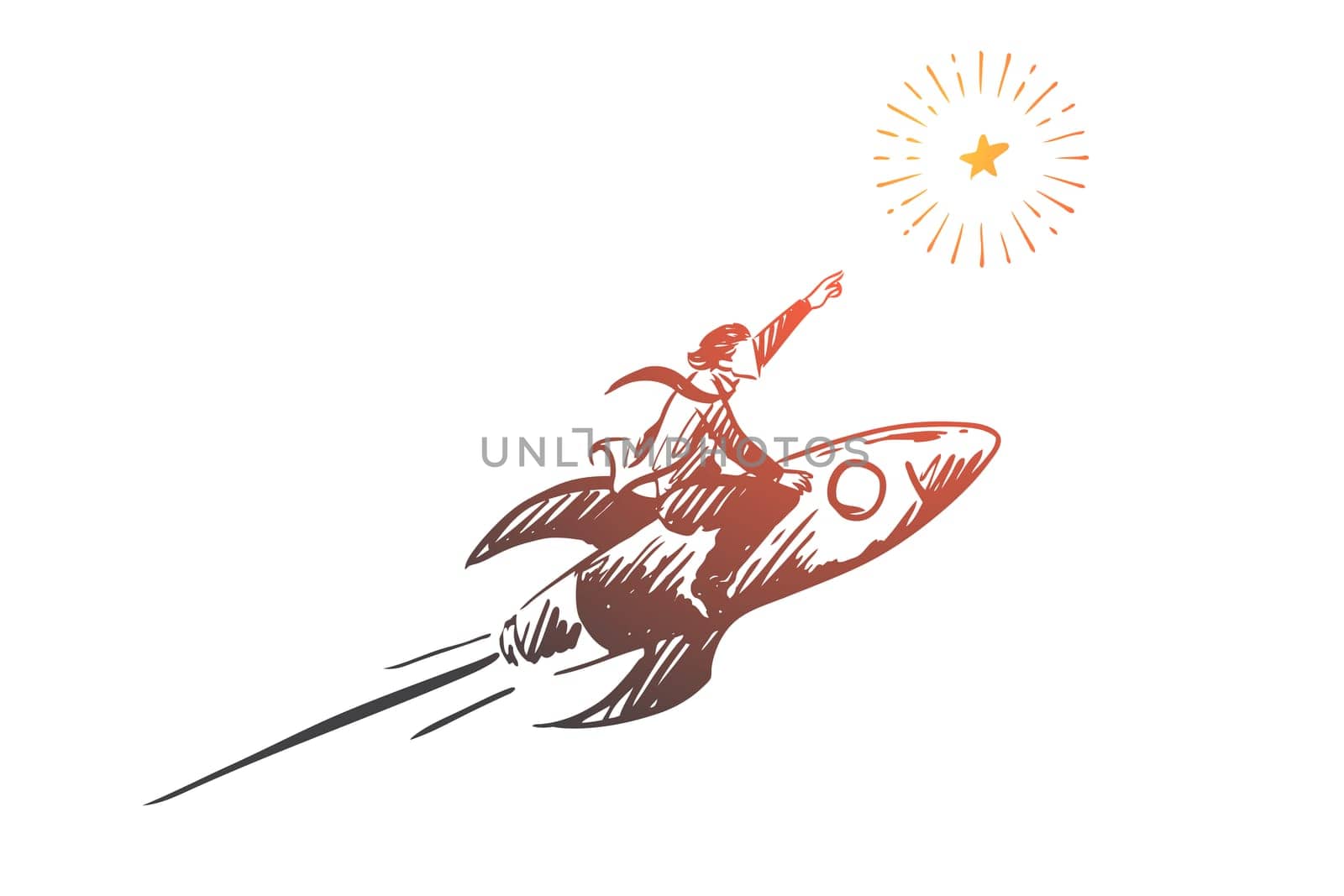 Rocket, target, business, start, success concept. Hand drawn businessman on the rocket concept sketch. Isolated vector illustration.