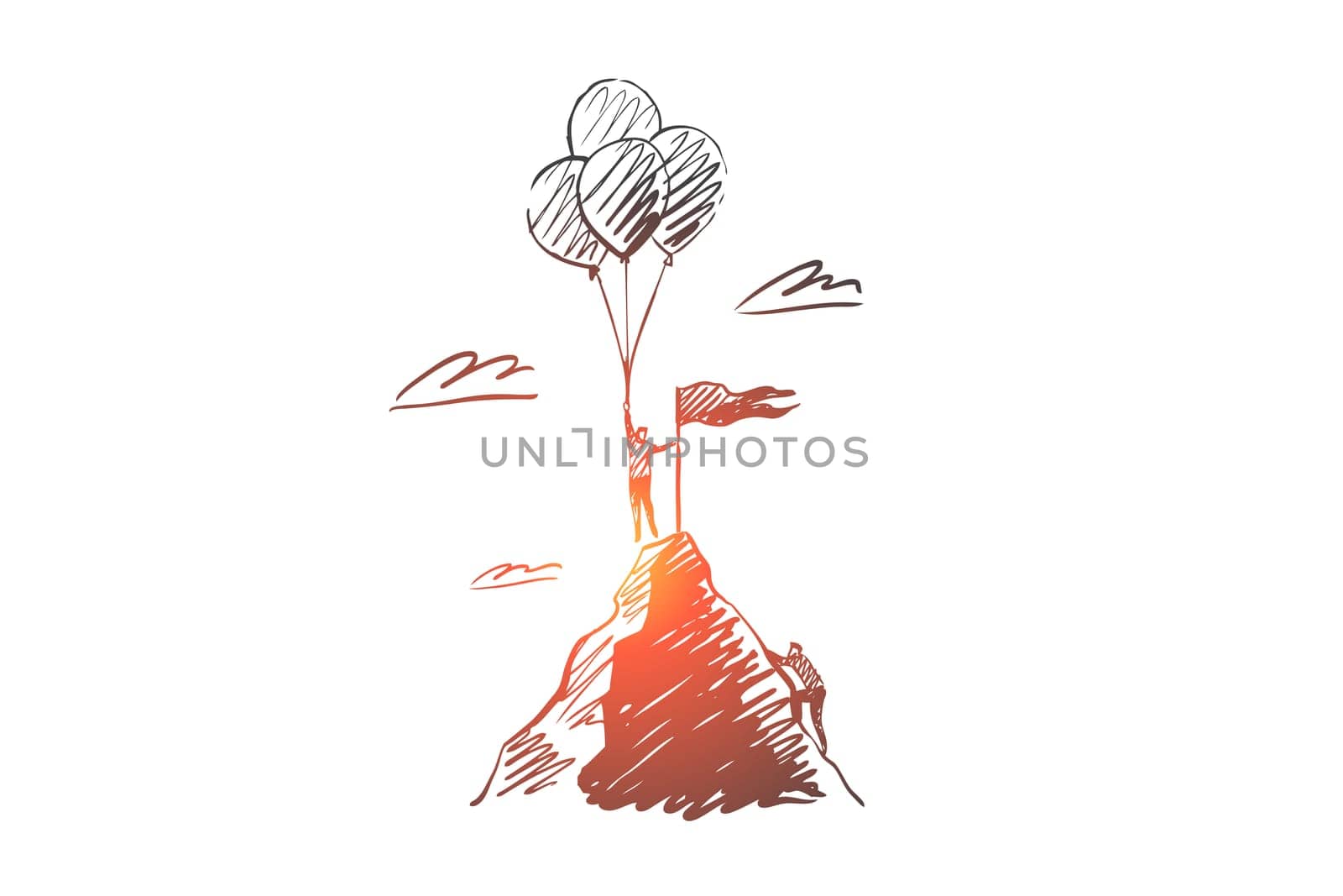 Success, win, mountain, business, achievement concept. Hand drawn winner on top of mountain concept sketch. Isolated vector illustration.