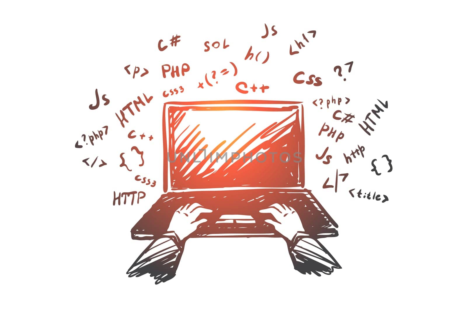Coding, programmer, laptop, internet, work concept. Hand drawn hand of programmer on laptop with code concept sketch. Isolated vector illustration.