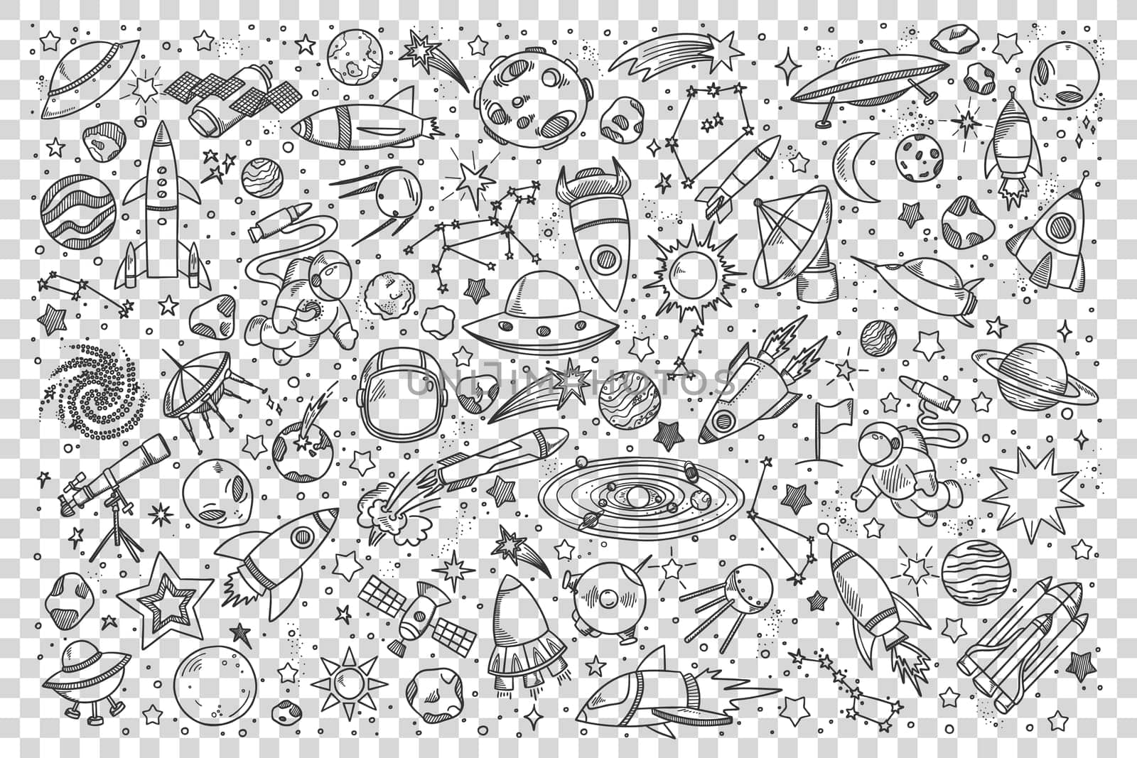 Space doodle set Collection of hand drawn sketches templates patterns of cosmic objects stars and planets with meteors and black holes on transparent background. Universe or galaxy illustration.