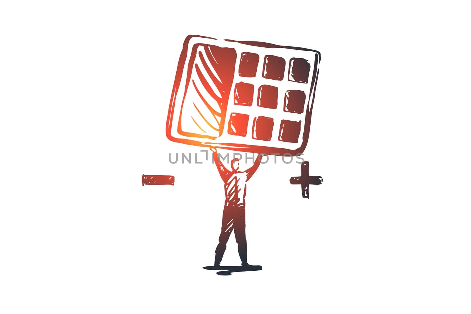 Income statements, accounting, financial, balance concept. Hand drawn businessman with calculator in his hand's concept sketch. Isolated vector illustration.