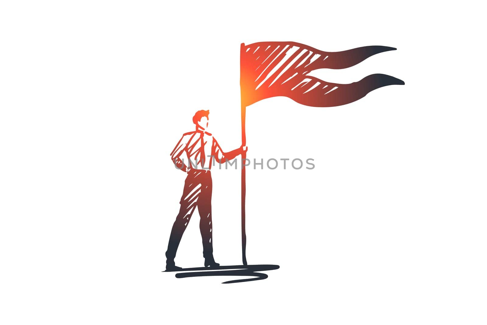 Goals, flag, winner, success, leader concept. Hand drawn successful businessman with winners flag concept sketch. Isolated vector illustration.