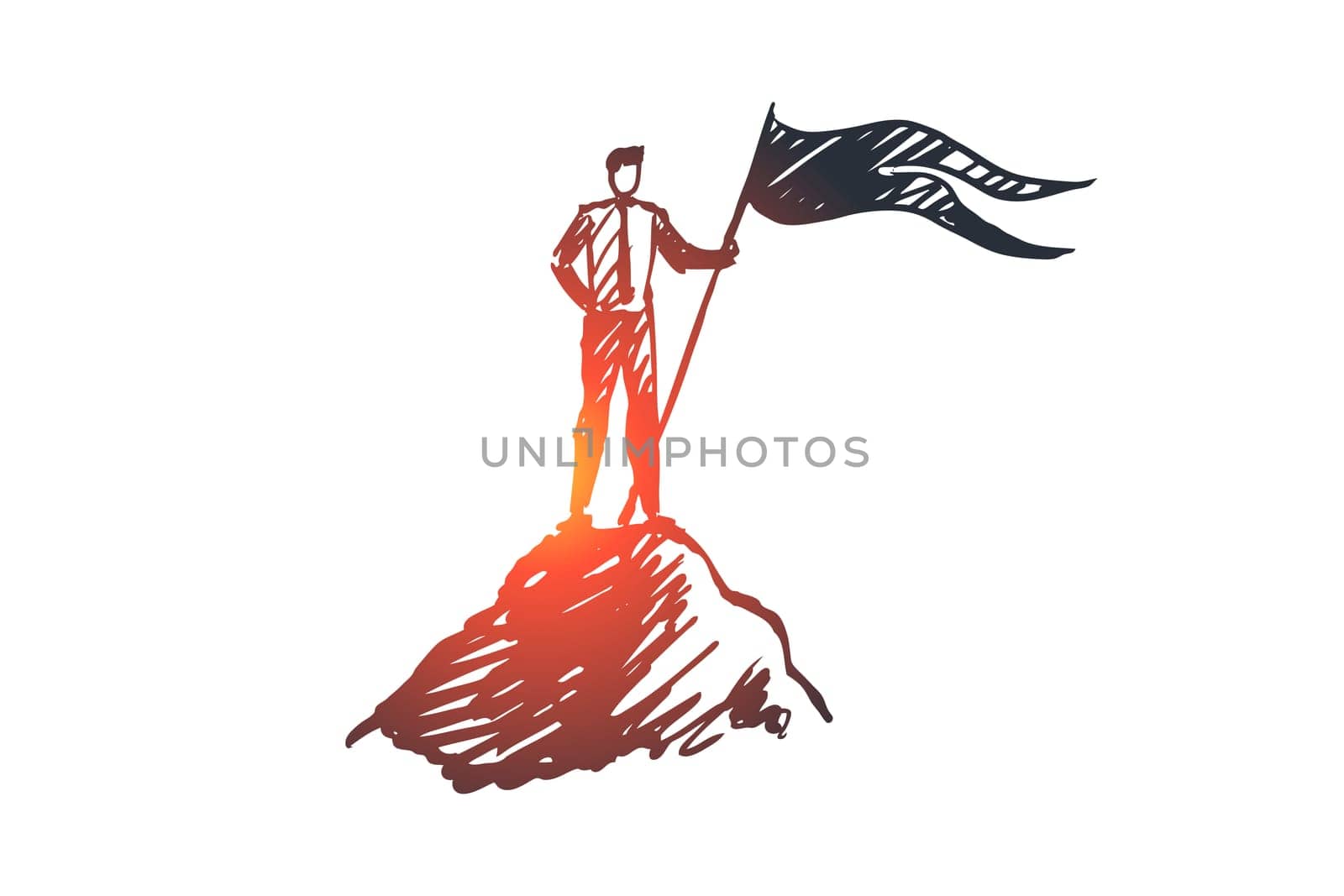 Goal, top, leadership, achievement, winner concept. Hand drawn successful businessman on top of mountain concept sketch. Isolated vector illustration.