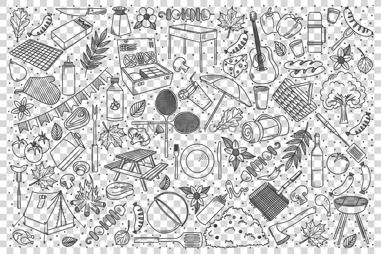 Picnic doodle set. Collection of hand drawn patterns sketches templates of hiking touristic equipment for bbq camping in forest or mountains. Active lifestyle and outdoor recreation illustration.