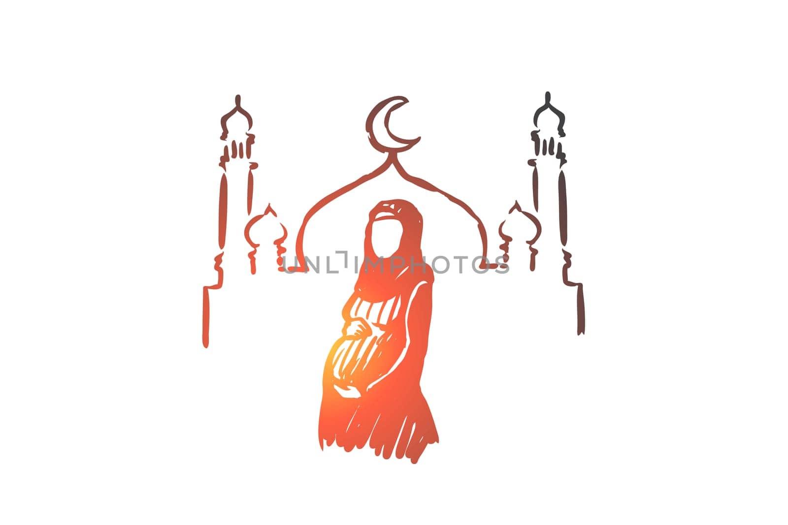 Religion, pregnancy, muslim, arabic, islam, mosque concept. Hand drawn silhouette of pregnant muslim woman, mosque on background concept sketch. Isolated vector illustration.