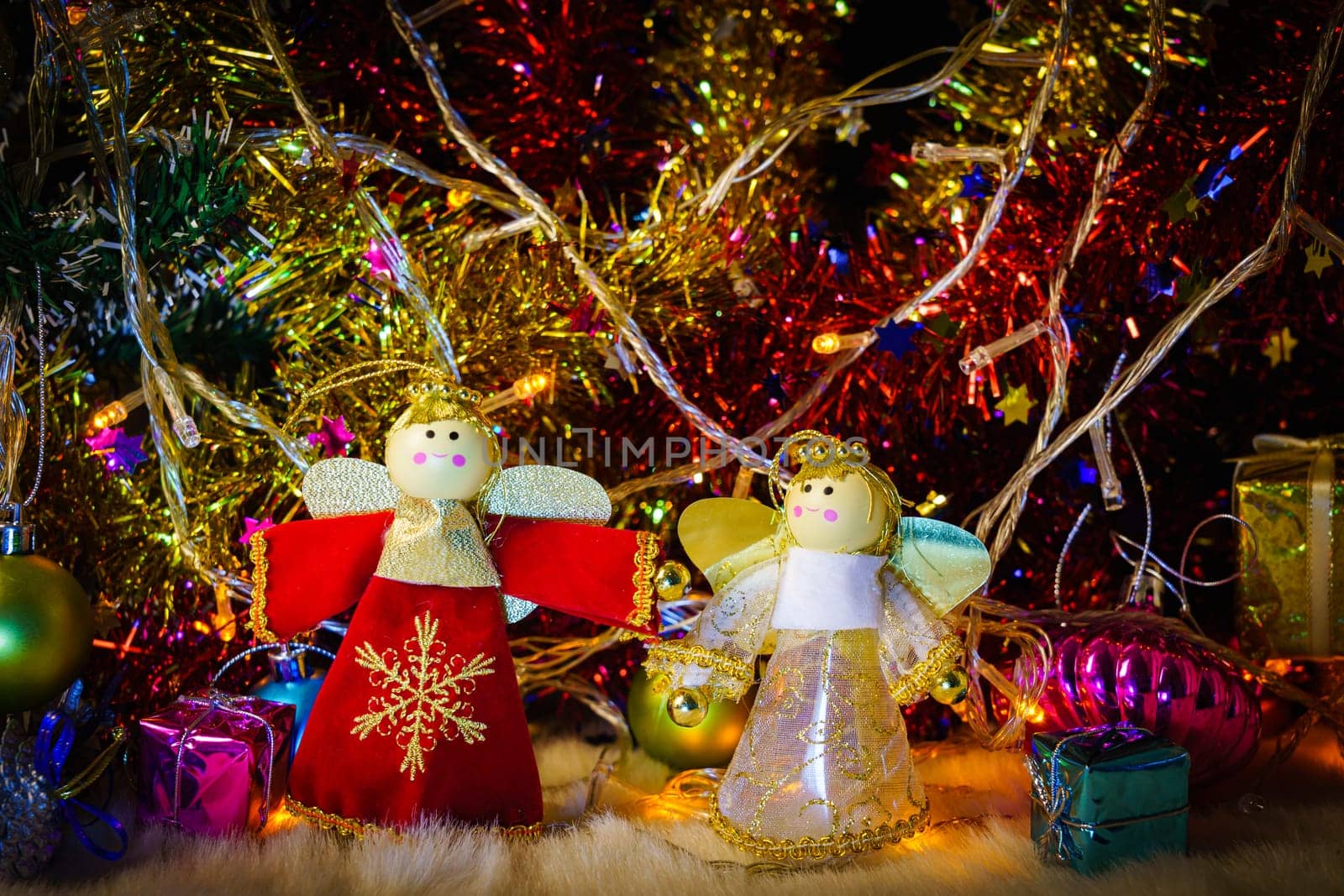 Close up Christmas ornaments and decorations with lights