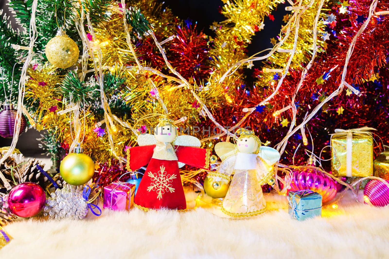 Close up Christmas ornaments and decorations with lights