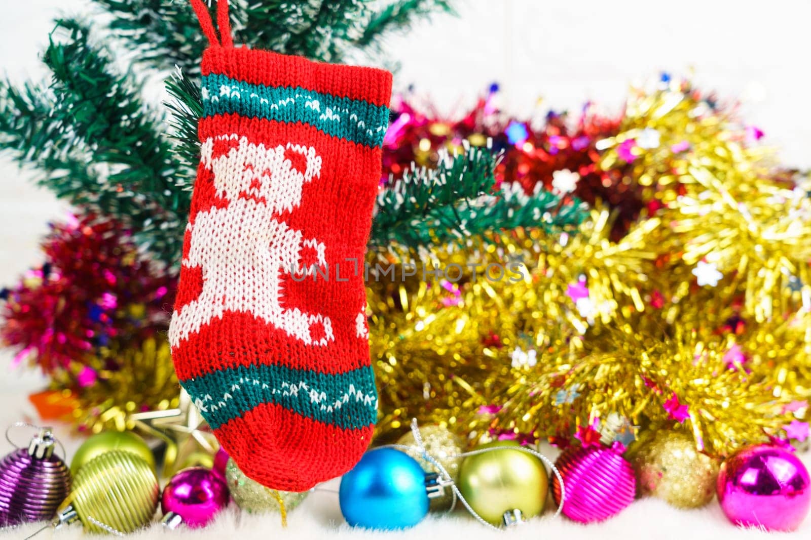 Santa's red stockings hanging and Christmas decoration background