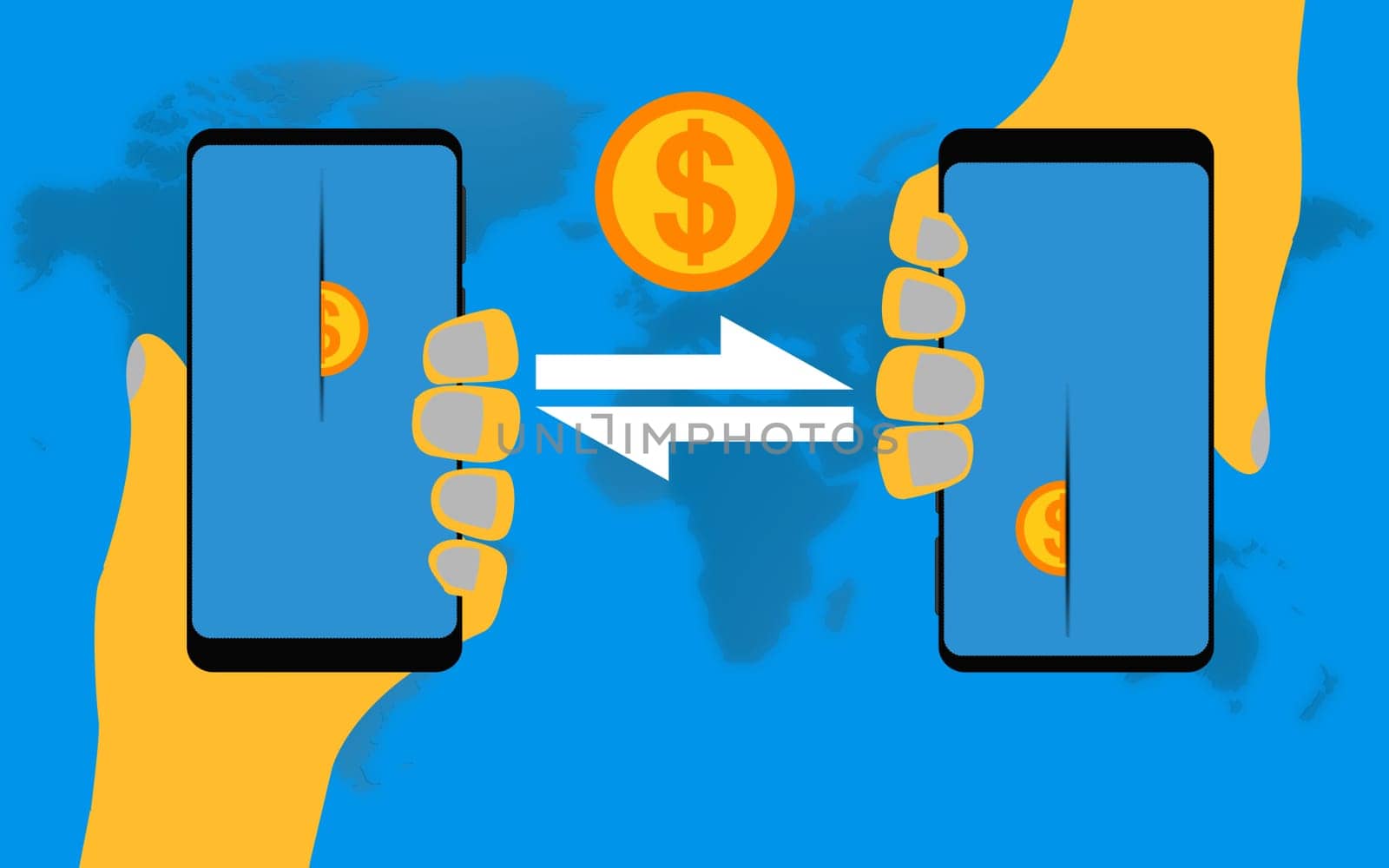 Money transfer using mobile device, 3D rendering